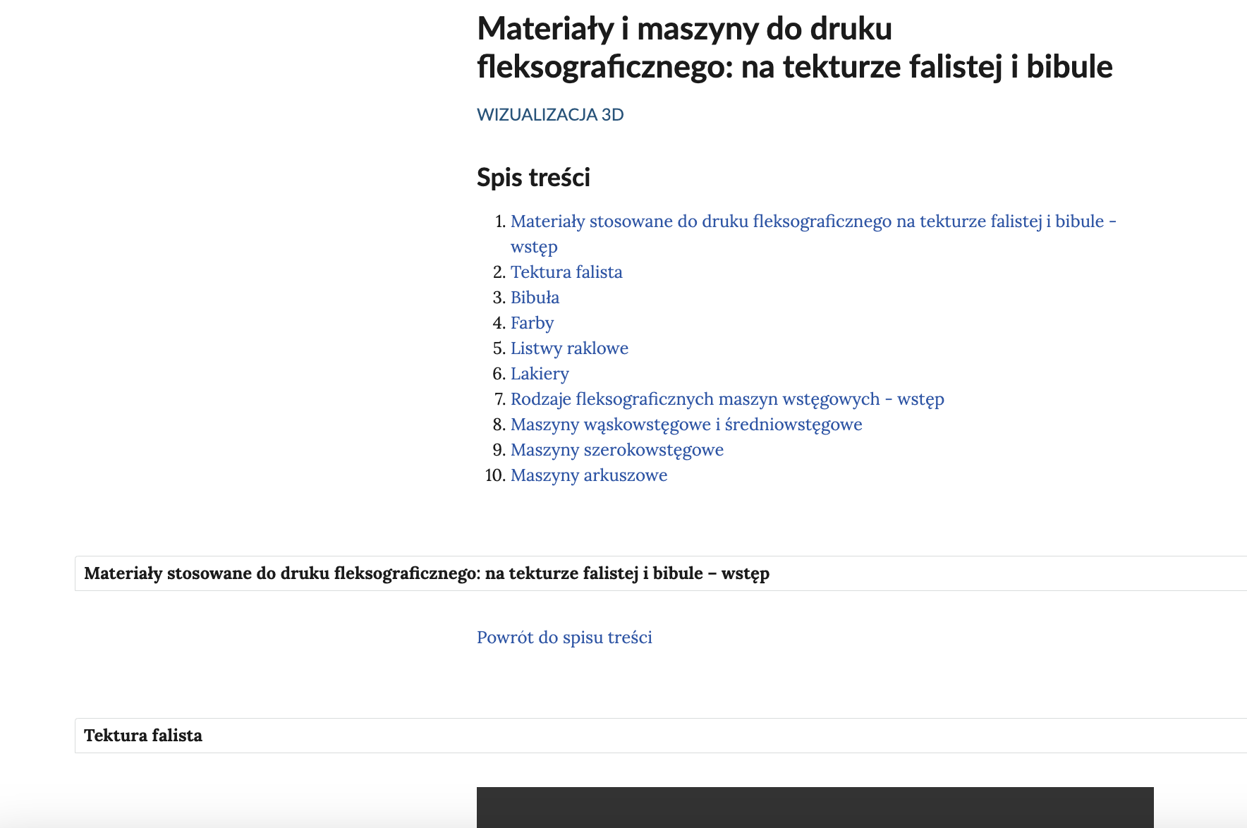 Widok menu oraz zakładek wizualizacji 3D Materiały i maszyny do druku fleksograficznego: na tekturze falistej i bibule. U góry widoczny jest tytuł wizualizacji, następnie spis treści z numerycznie uporządkowanymi poszczególnymi wizualizacjami, zaś poniżej zakładki z opisem, audio i wizualizacjami.