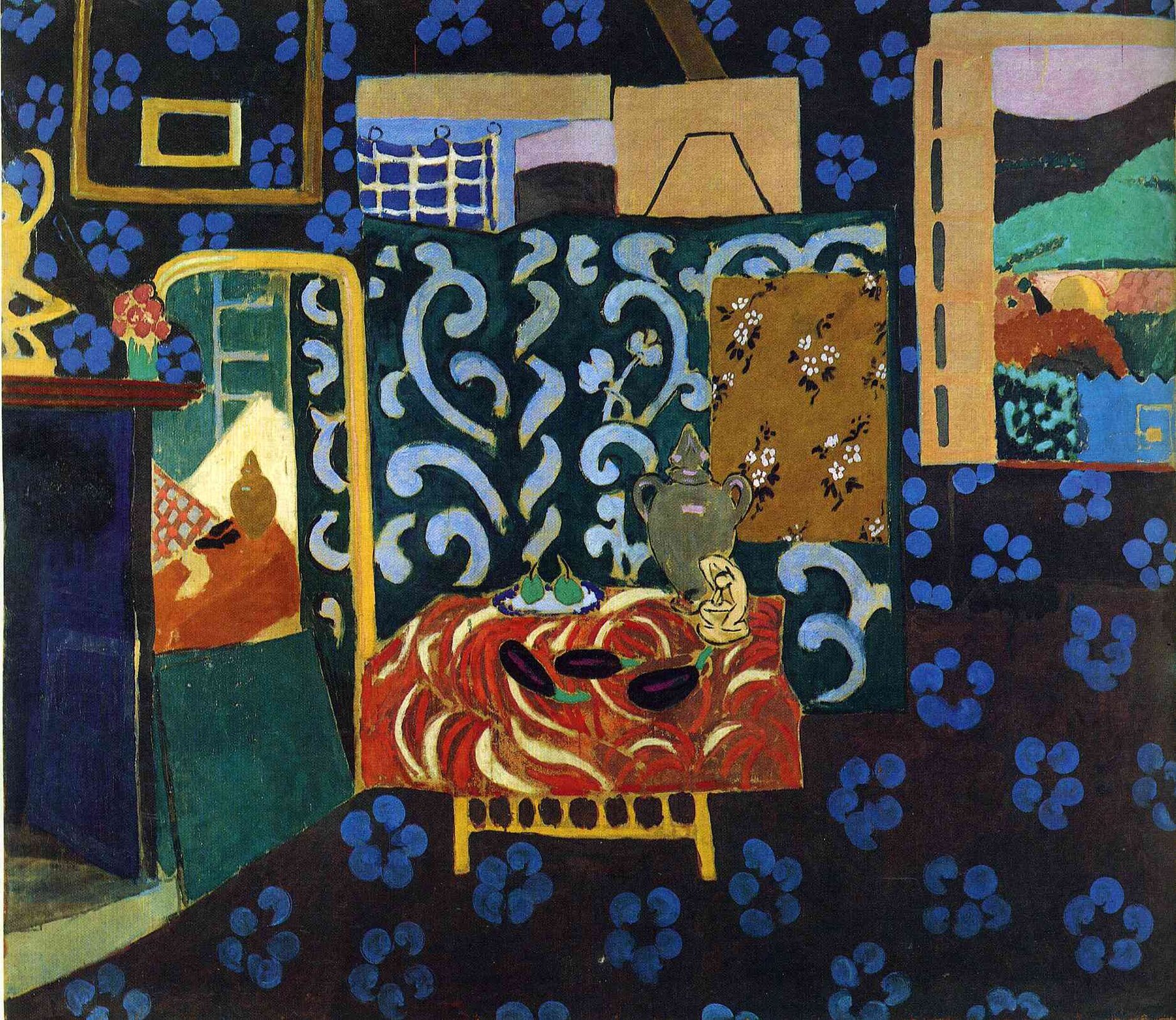 lustracja przedstawia obraz Henriego Matisse’a pt. „Martwa natura z bakłażanami” o kształcie kwadratu. Dzieło przedstawia wzorzyste wnętrze z ustawionymi sprzętami i znajdującym się po prawej stronie otwartym oknem, za którym rozciąga się górski pejzaż.