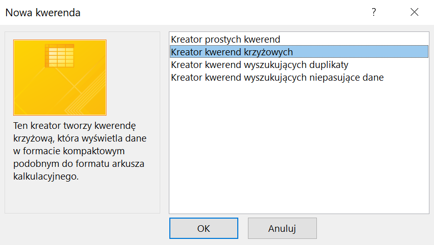 Ilustracja przedstawia okno dialogowe: Nowa kwerenda.  Po prawej stronie widnieje lista z opcjami kreatora kwerend.  Są to kolejno: Kreator prostych kwerend, kreator kwerend krzyżowych, kreator kwerend wyszukujących duplikaty, kreator kwerend wyszukujących niepasujące dane.  Z opcji tych zaznaczono: Kreator kwerend krzyżowych.  Po lewej stronie wyświetla się opis zaznaczonej opcji: Ten kreator tworzy kwerendę krzyżową, która wyświetla dane  w formacie kompaktowym podobnym do formatu arkusza kalkulacyjnego.  W dolnej części okna znajdują się przyciski OK oraz Anuluj.