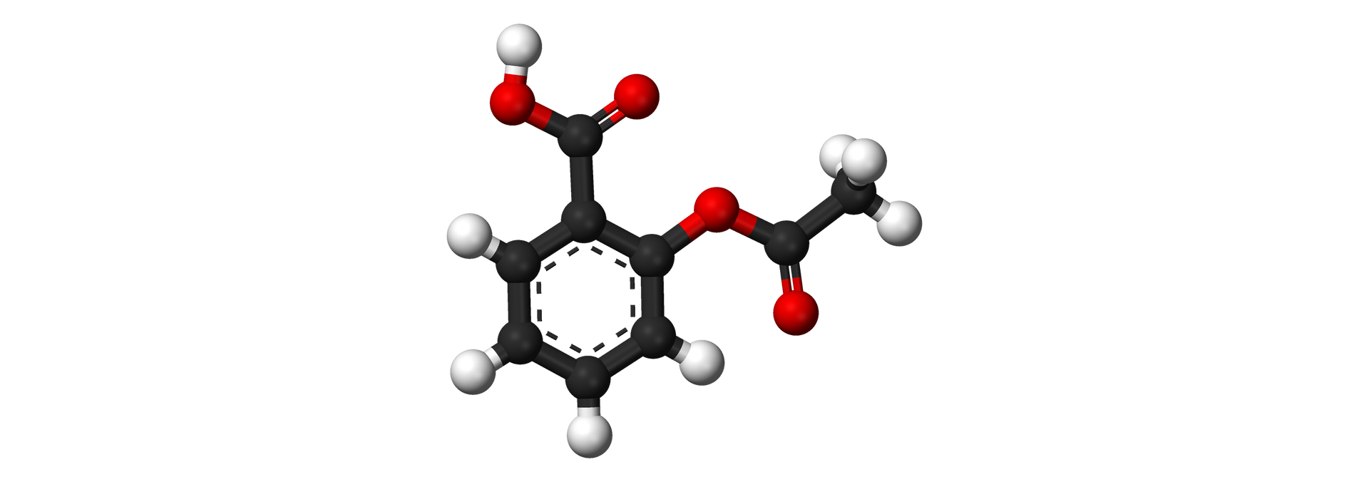 Na ilustracji jest model cząsteczki kwasu acetylosalicylowego: sześcioczłonowy pierścień zbudowany z czarnych kulek łączy się u góry z czarną kulką. Ta z kolei łączy się z dwiema czerwonymi kulkami. Jedna z nich łączy się z białą kulką. Czarna kulka leżąca u góry po prawej stronie pierścienia łączy się z czerwoną kulką. Ta łączy się z czarną kulką. Czarna kulka łączy się na dole wiązaniem podwójnym z czerwoną kulką, a po prawej stronie z czarną kulką, która łączy się z trzema białymi kulkami. Każda z pozostałych czarnych kulek z pierścienia łączy się z białą kulką.  