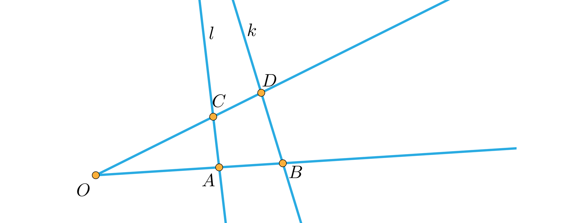 Ilustracja przedstawia dwie półproste odchodzące ze wspólnego punktu O. Na jednej półprostej leżą punkty C i D a na drugiej A i B. Kolejne dwie proste przechodzą odpowiednio prosta l przez punkty C i A oraz prosta k przez punkty D i B. 