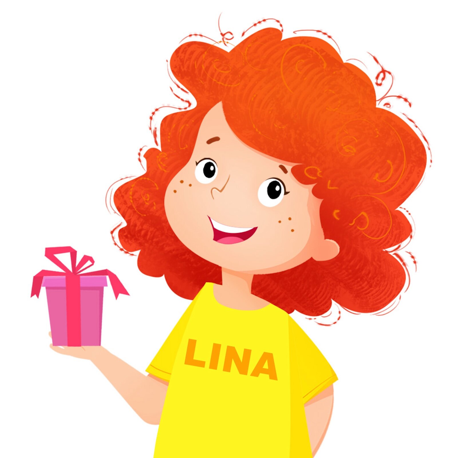 Ilustracja przedstawia Linę, która trzyma zapakowany prezent.