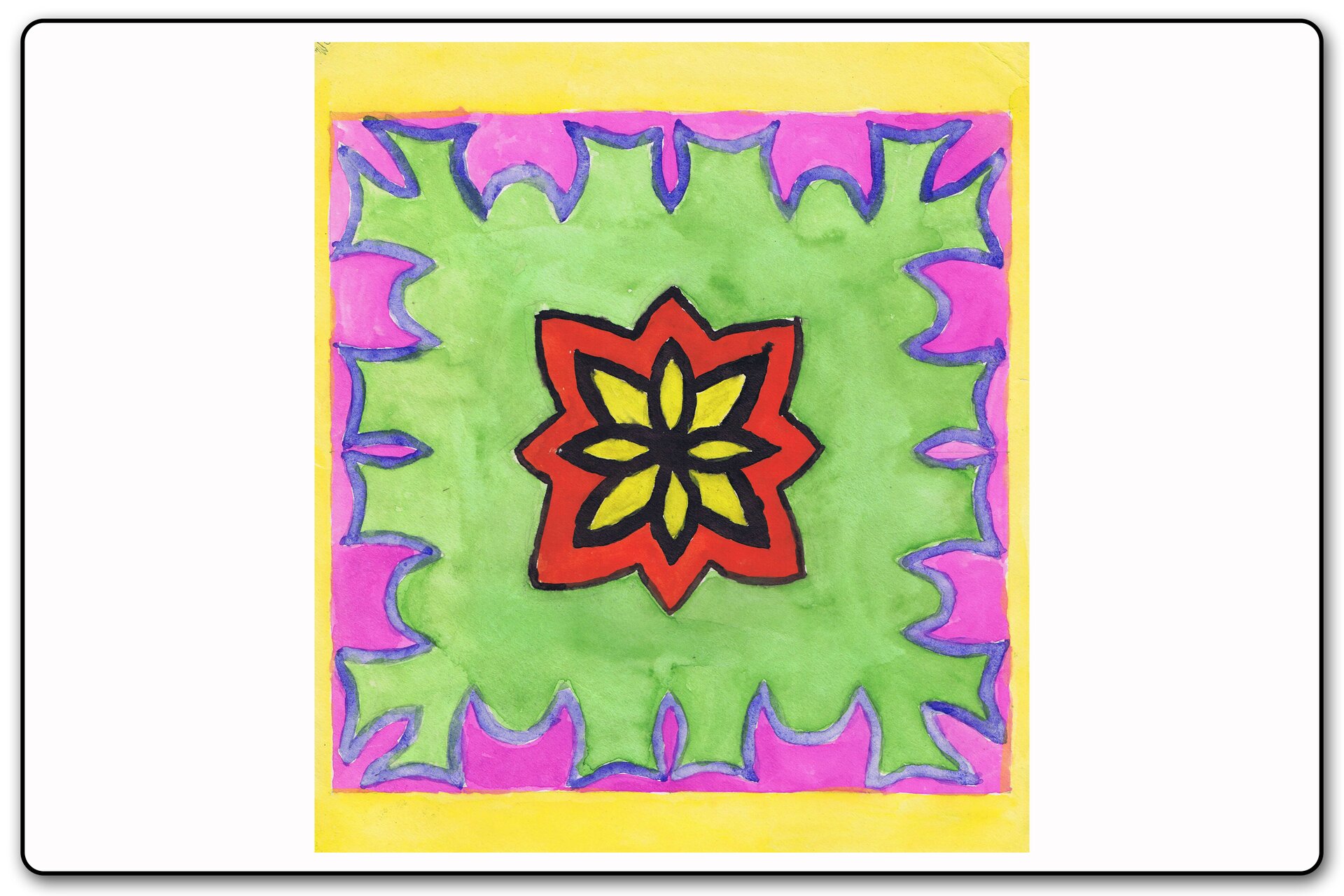 Ilustracja 2 galerii prac plastycznych uczniów. Ilustracja przedstawia geometryczny ornament kwiatu namalowany farbami.