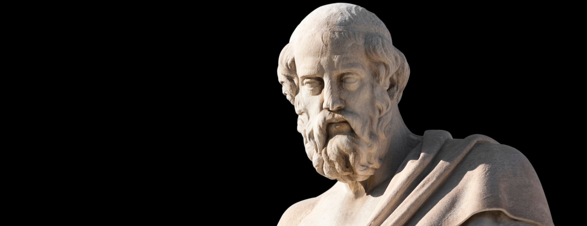 Zdjęcie przedstawia fragment posągu Platona: głowę i część ramion. Posąg jest wykonany z jasnego kamienia. Jest ustawiony w prawej stronie ilustracji. Platon ma bujną, falowaną brodę oraz średniej długości włosy. Na ramię ma założoną togę. Tło jest czarne. 
