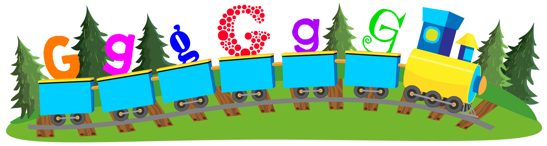 Ilustracja przedstawia pociąg jadący po torach w prawą stronę. Dookoła rośnie zielona trawa. W kilku miejscach widać pojedyncze drzewa iglaste. Lokomotywa jest żółto‑niebieska, a wagony jasnoniebieskie. Każdy z sześciu wagonów jest zamknięty żółtą pokrywą, na której znajduje się literka „G”. Pierwsza od lewej jest duża i pomarańczowa, druga mała i różowa, trzecia mała i granatowa, czwarta duża, składająca się z czerwonych kropek, piąta mała i fioletowa, szósta duża i zielona. Każda z nich jest zapisana inną czcionką. Wszystkie koła pociągu są ciemnoszare.