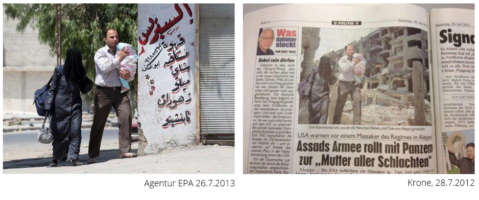 Kliknij żeby powiększyć Na zdjęciach przedstawiono przykład manipulacji w mediach: Na jednym zdjęciu ujęta jest autentyczna sytuacja (kobieta w burce, obok mężczyzna z małym dzieckiem na rękach owiniętym w becik, zmierzają ulicą, mijając stary budynek popisany sprayem - pismo arabskie), zaś drugie zdjęcie zostało poddane procesowi fotomontażu (te same osoby idące obok ruin miasta - przypomina to krajobraz po wojnie).