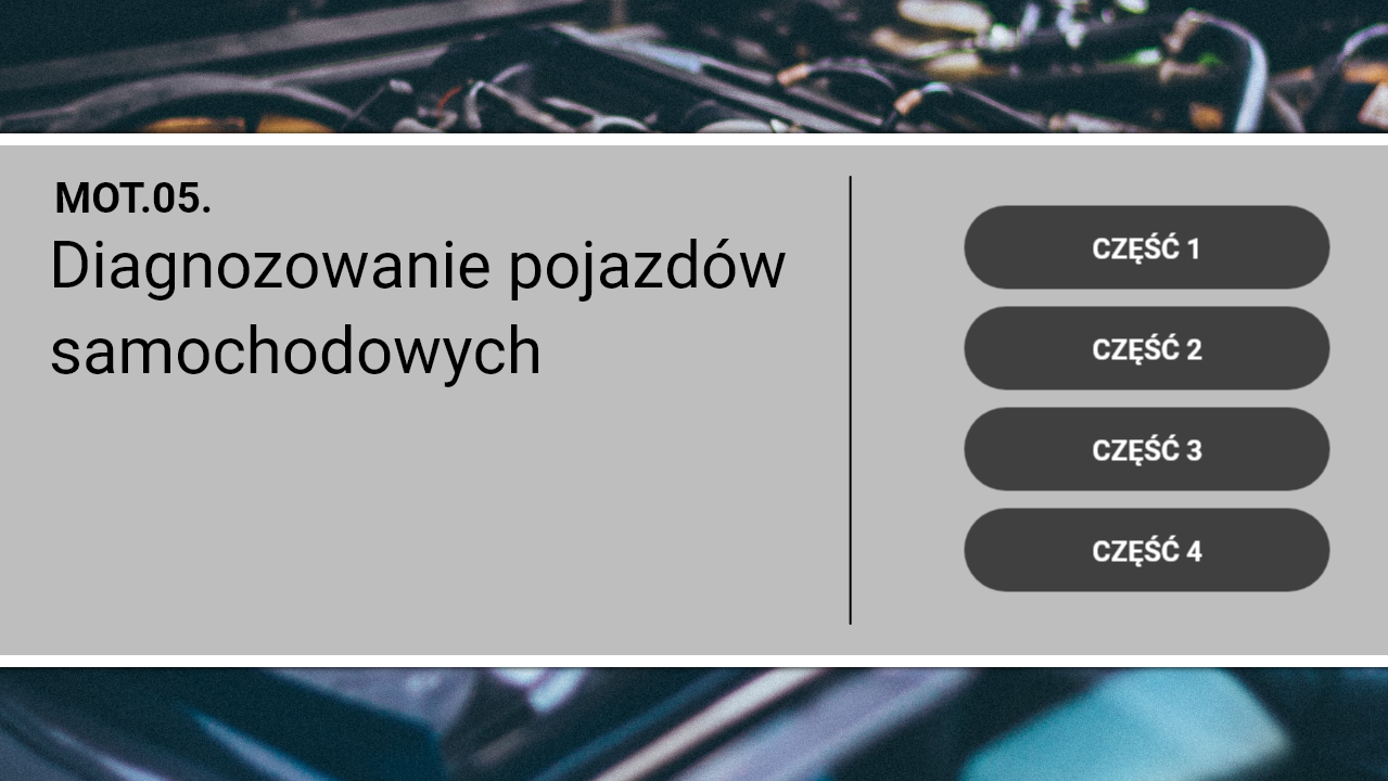 Ilustracja przedstawia przykładowy widok gry edukacyjnej. Po lewej stronie znajduje się MOT.05. Pod nim napis Diagnozowanie pojazdów samochodowych. Po prawej stronie są cztery kafelki pod tytułami: część jeden, część dwa, część trzy, część cztery.
