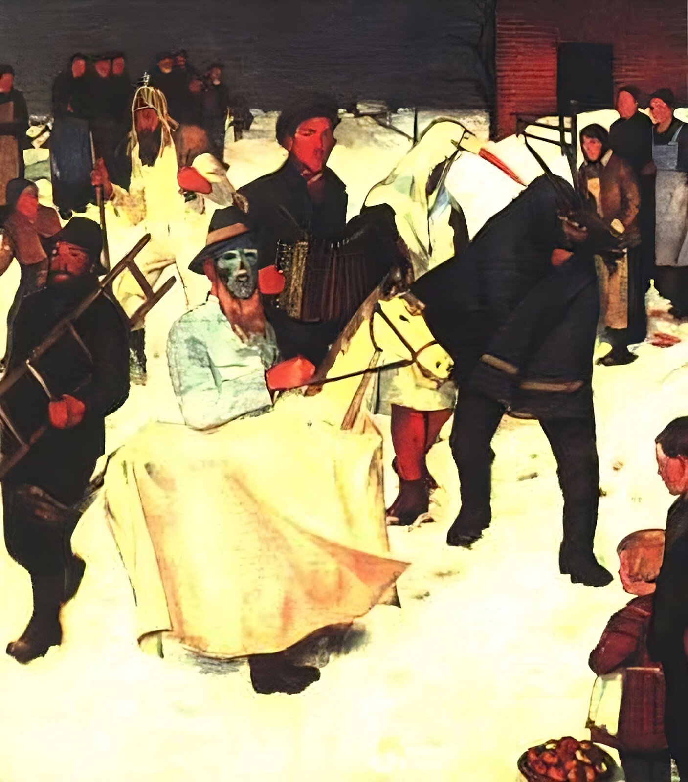 Kliknij, aby powięszyć Rysunek. Na pierwszym planie mężczyzna, który trzyma wodze przyczepione do białej głowy udawanego konia. Widoczna również biała szyja. Od pasa mężczyzny i dolnej części szyi konia zwisa jasny materiał udający tułów zwierzęcia. Na dole, pod materiałem widać buty mężczyzny. Jeźdźcowi towarzyszą kominiarz z drabiną, muzyk z akordeonem, mężczyzna przebrany za bociana i inny przebrany za jakiś czarne zwierzę.. Z przodu dwoje dzieci przyglądających się przebierańcom. W tle przyglądające się osoby dorosłe.