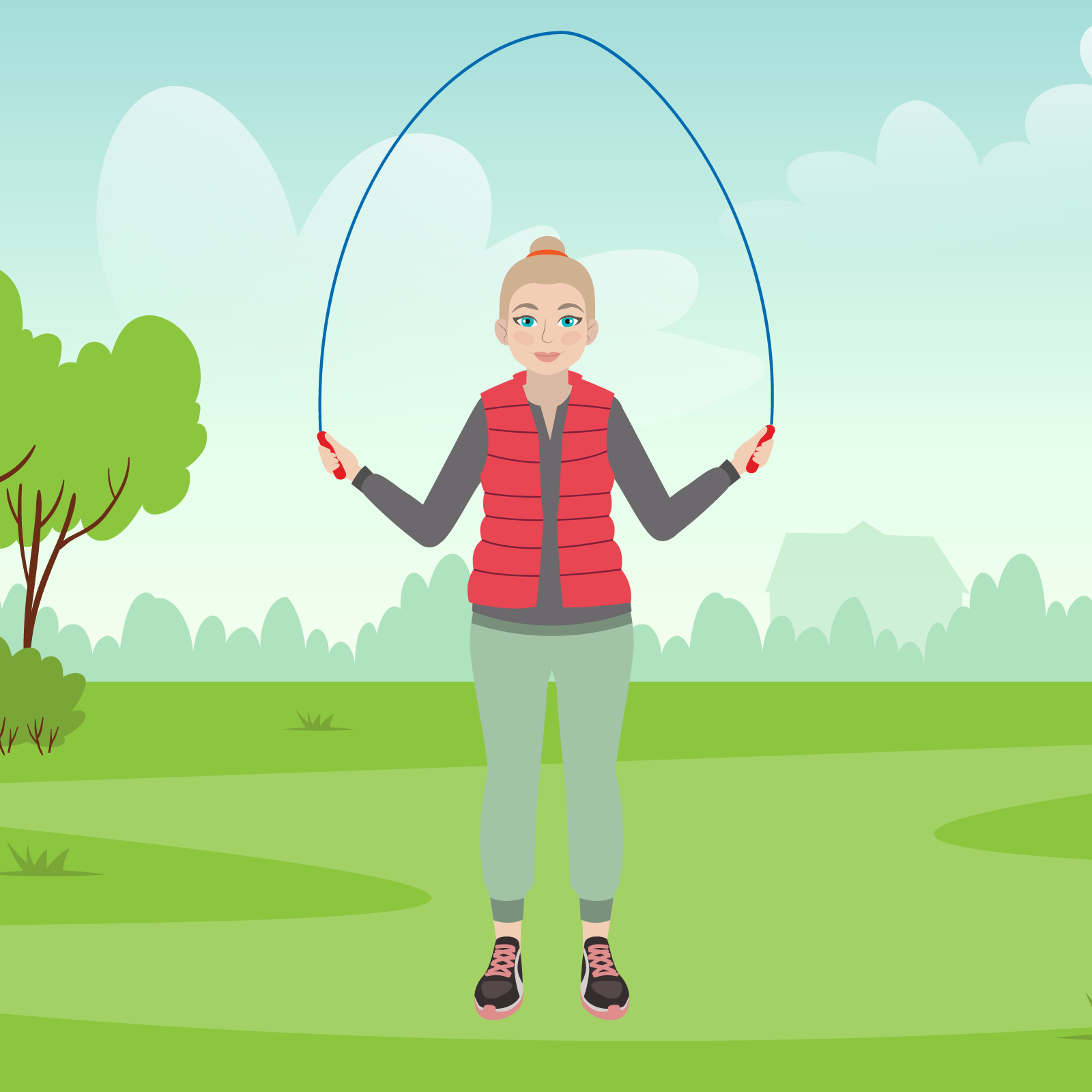 Ilustracja przedstawia panią Crow w parku, skaczącą na skakance. 