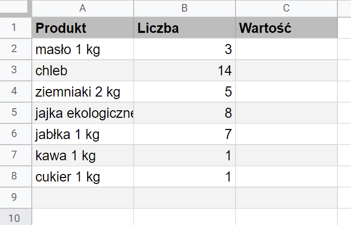 Ilustracja przedstawiająca tabelę dotyczącą owoców. Kolumny tabeli opisano kolejno: Owoc, Liczba sztuk oraz Wartość. W kolumnie Owoc wpisano nazwy owoców. W kolumnie Liczba sztuk wpisano liczbę sztuk. Kolumna Wartość jest pusta. 