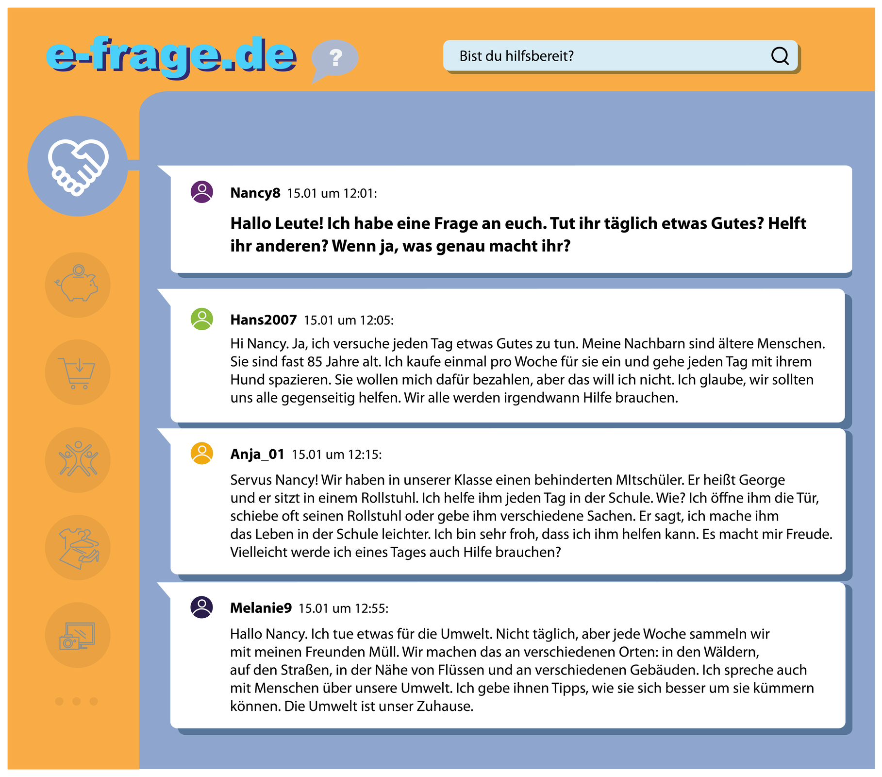 Widoczna jest ilustracja. Przedstawia stronę forum internetowego e‑frage.de oraz znajdujące się na niej wpisy użytkowników. Transkrypcja dostępna jest poniżej.