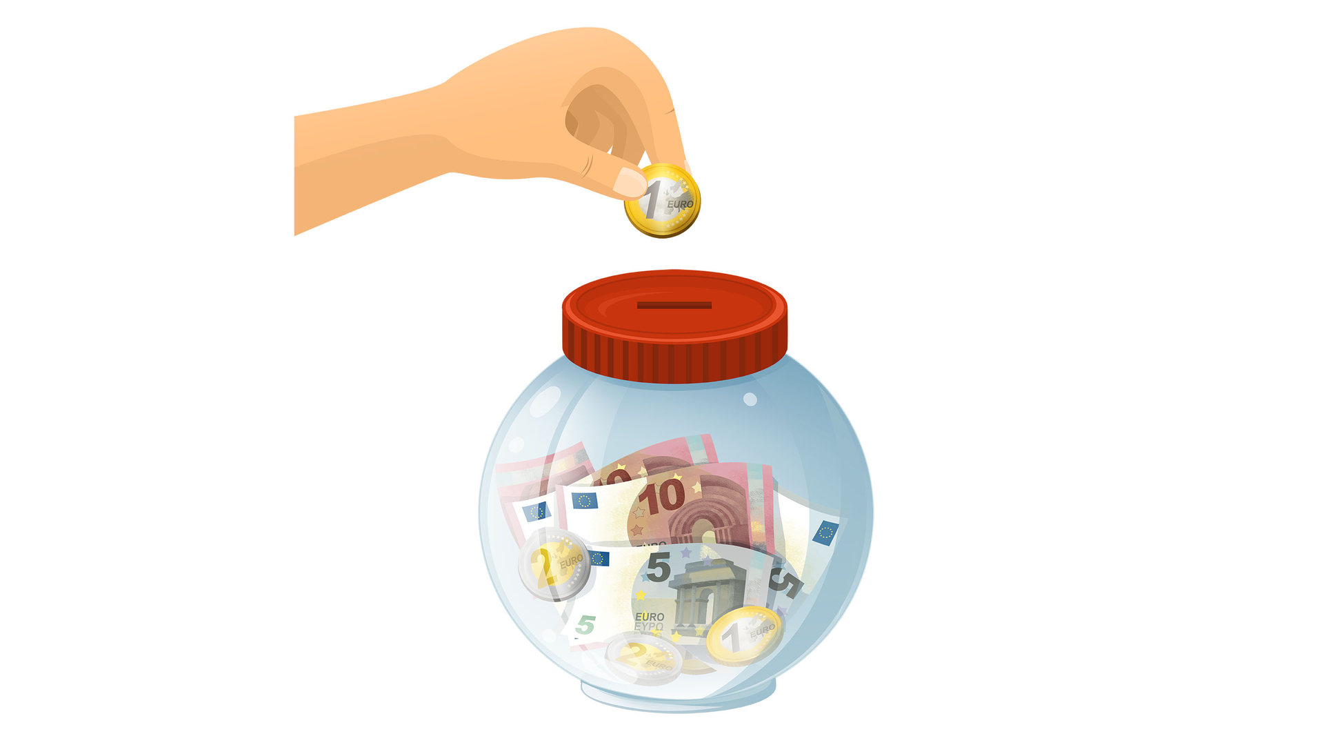 Na ilustracji znajduje się ręka wrzucająca monetę do skarbonki. 