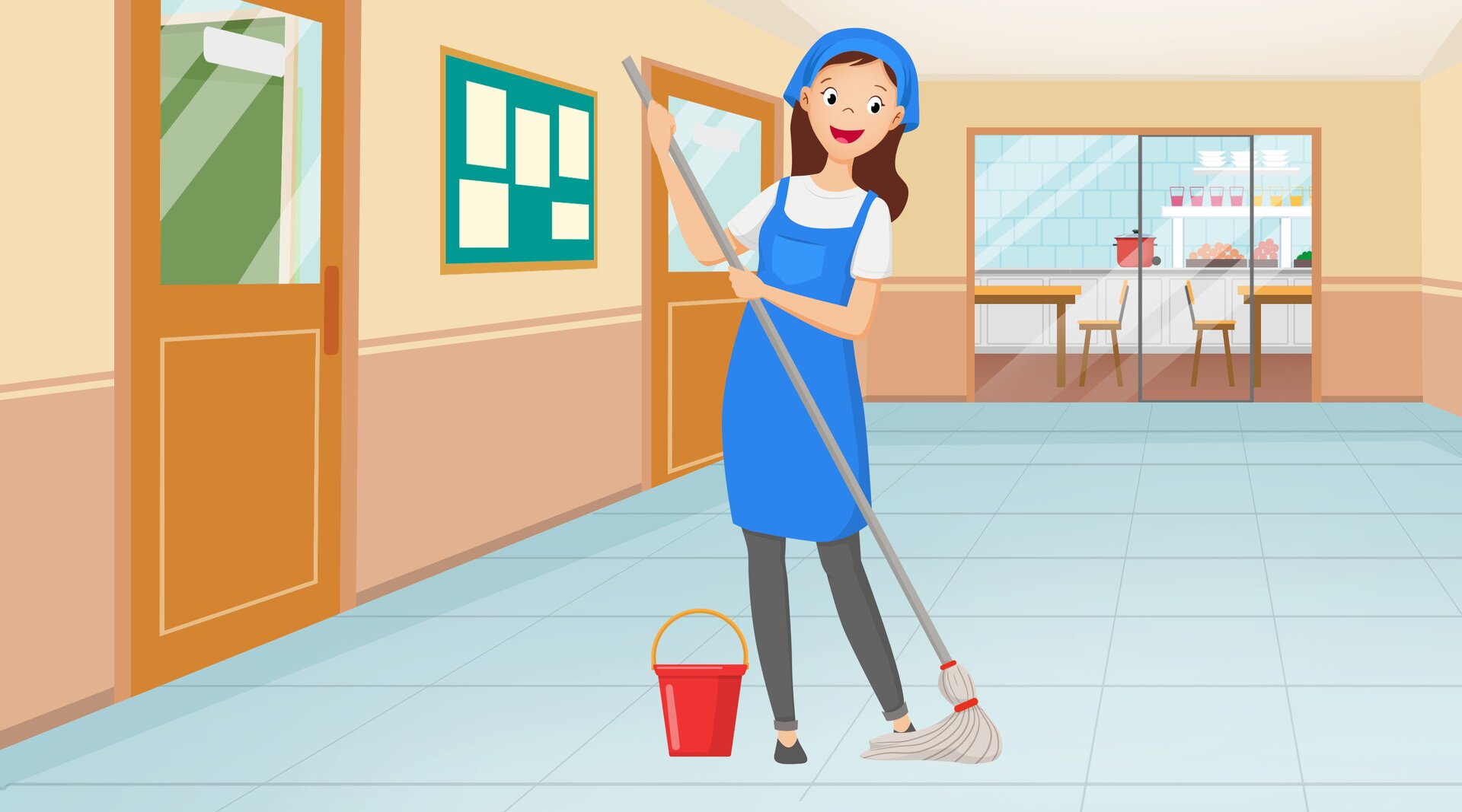 Na ilustracji znajduje się sprzątaczka ze szczotką i wiadrem.