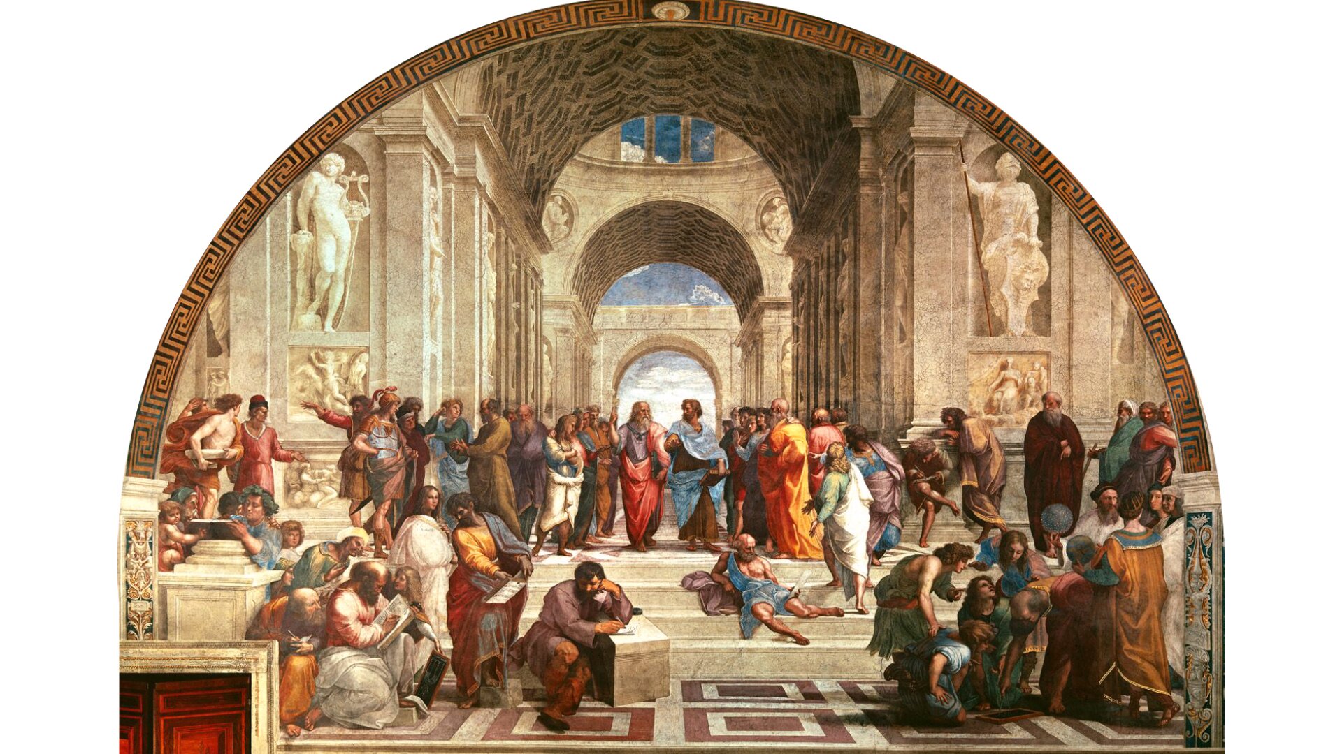 Obraz pt. „Szkoła ateńska” przedstawia zgromadzenie ludzi w budowli składającej się z łuków. W centrum znajdują się Platon i Arystoteles.