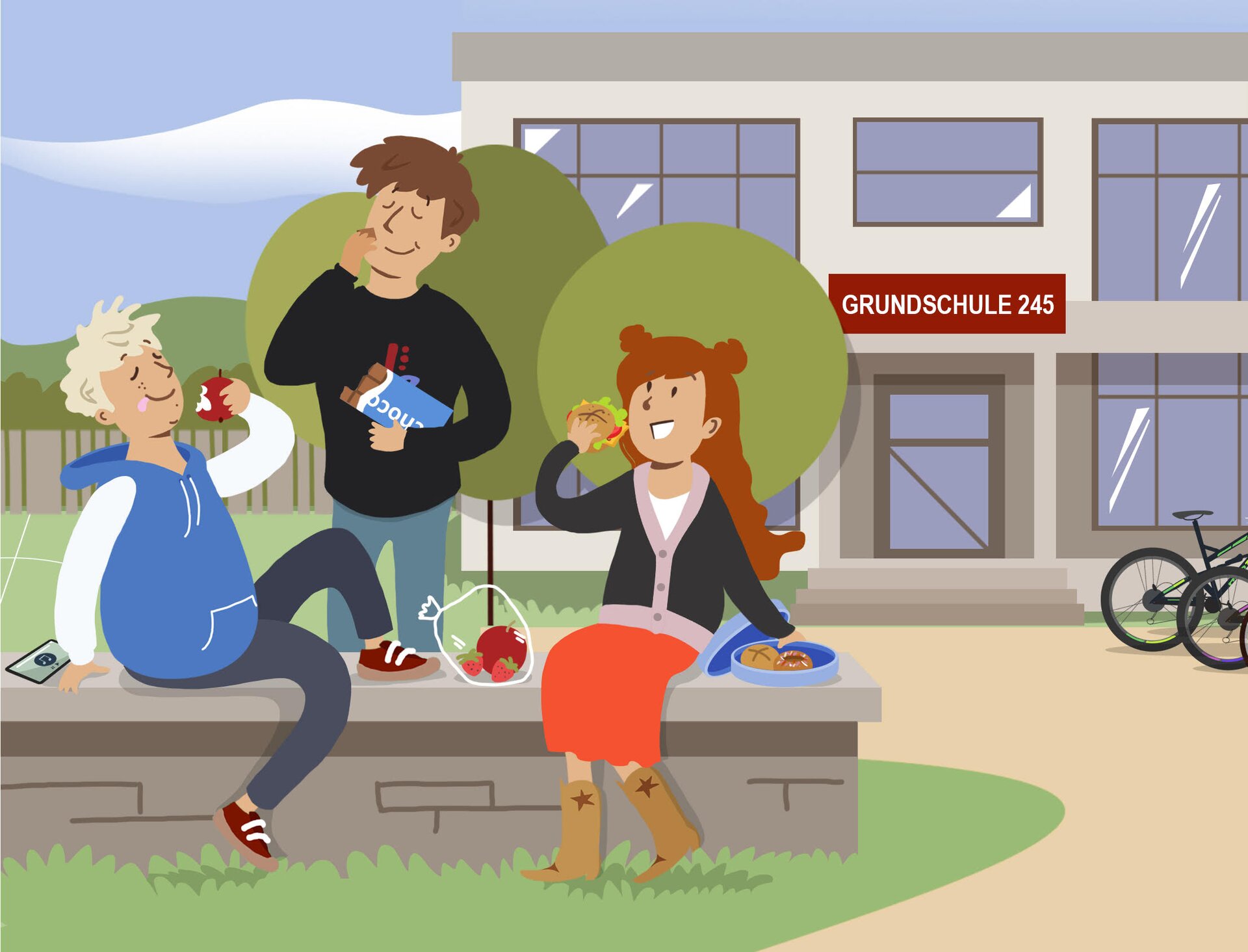 Ilustracja przedstawia scenkę, na której dzieci siedzą przed szkołą i jedzą drugie śniadanie. Adam je czekoladę, Jonas jabłko, a Leonie kanapkę.