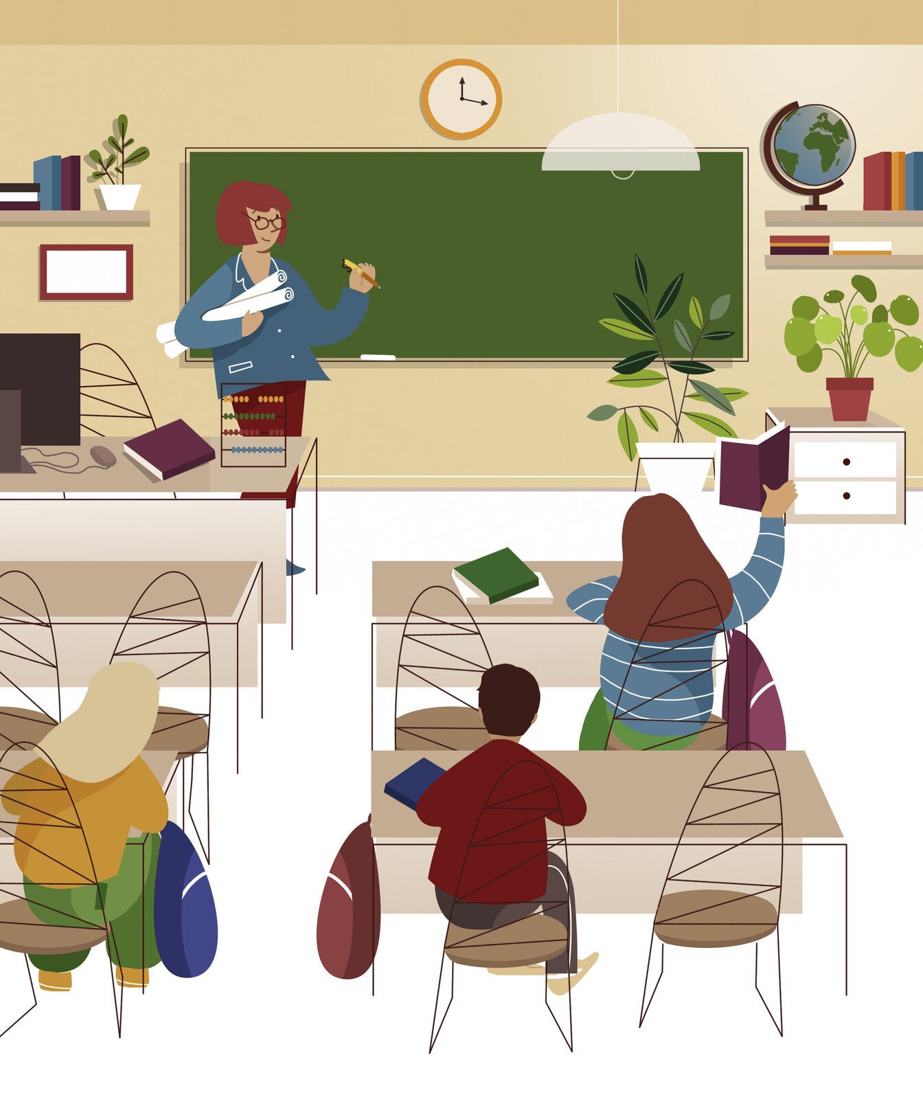 Obraz przedstawia klasę lekcyjną, gdzie nauczycielka stoi przy tablicy, trzymając w ręku zwinięte plansze dydaktyczne. Jej uwaga skupiona jest na uczniach siedzących w ławkach. Wewnątrz pomieszczenia widoczne są różnorodne pomoce naukowe oraz  kwiaty umieszczone w doniczkach.