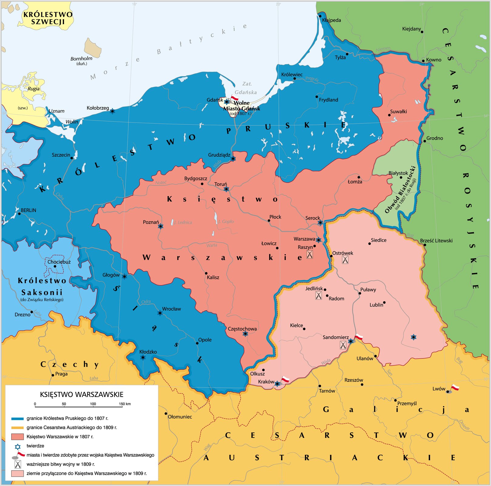 Kliknij żeby powiększyć Ilustracja przedstawia mapę Księstwa Warszawskiego z wydzielonym Obwodem Białostockim wraz z otaczającymi go państwami: Królestwo Pruskie i Śląsk, Cesarstwo Rosyjskie, Czechy i Galicja. Od północy widać Morze Bałtyckie i na nim Królestwo Szwecji. Nice królestwa Pruskiego do 1807 wyznaczały miasta: Kołobrzeg, Wolin, uznam, Szczecin, Berlin, Głogów, Wrocław, Opole, Częstochowa, Warszawa, Serock, Obwód Białostocki, Suwałki, Tylża, Kłajpeda, Królewiec. Granice cesarstwa austriackiego do 1809 obejmowały tereny Czech, Polski z miastami: Praga, Ołomuniec, Tarnów, Rzeszów, Ułanów, Przemyśl, Lwów z terenami przyłączonymi do Księstwa warszawskiego w 1809 r. wyznaczonych przez miasta: Olkusz, Jedlińsk, Ostrówek, Siedlce, Brześć. Na mapie oznaczono twierdzę w miastach Kraków, Częstochowa, Wrocław, Kłodzko, Głogów, Poznań, Toruń, Grudziądz, Kołobrzeg, Gdańsk, Serock, Warszawa, Sandomierz. Miasta i twierdze zdobyte przez Wojska Księstwa Warszawskiego: Kraków, Sandomierz, Lwów, Gdańsk. Ważniejsze bitwy wojny w 1809: Sandomierz, Jedlińsk, Raszyn, Ostrówek. Księstwo warszawskie wyznaczały w 1809 r. miasta: Poznań, Bydgoszcz, Toruń, Grudziądz, Kalisz, Częstochowa, Łowicz, Warszawa, Raszyn, Serock, Łomża, Suwałki.