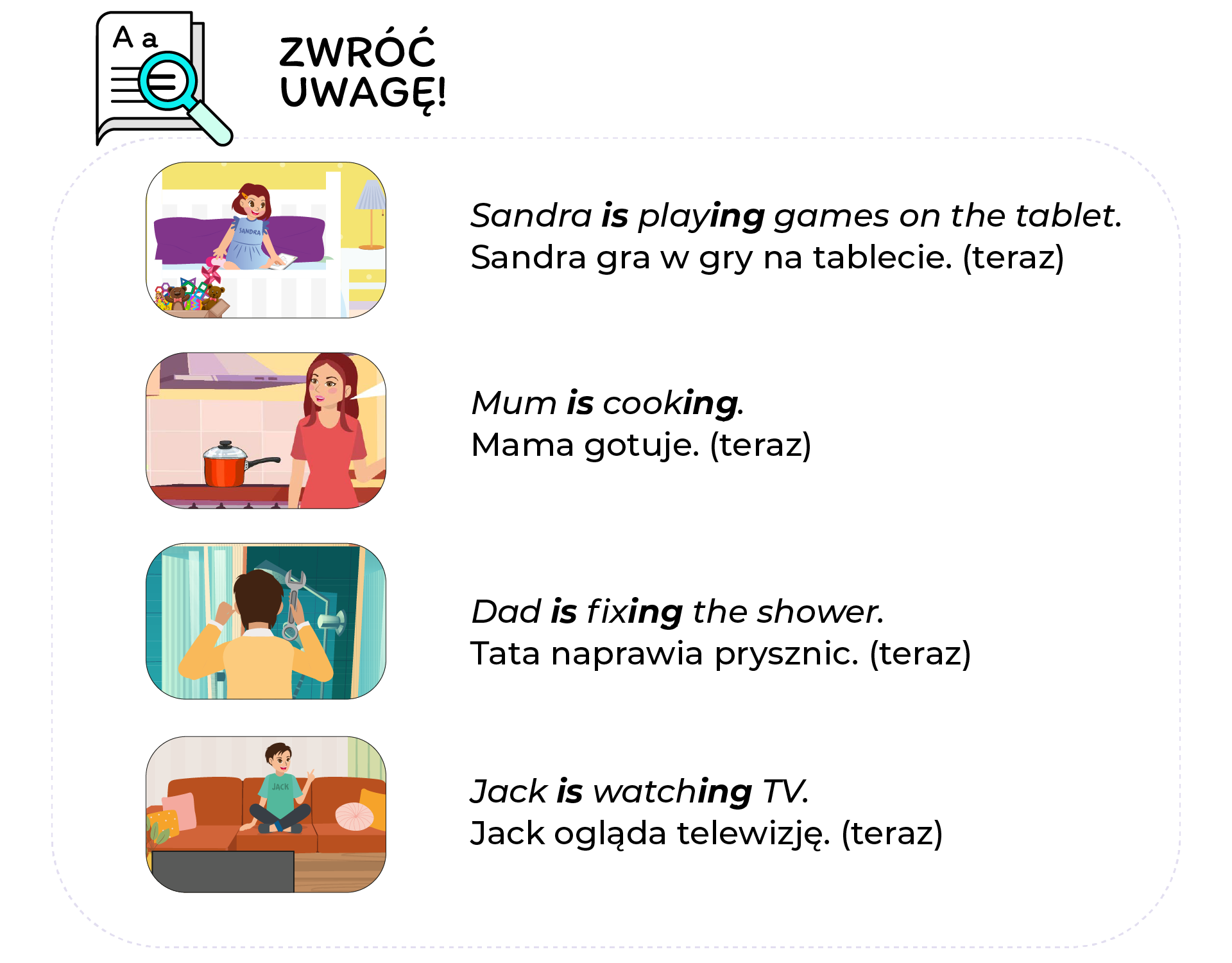 Ilustracja przedstawia ważne informacje z lekcji do zapamiętania. Pierwsza ilustarcja przedstawia dziewczynkę w wieku przedszkolnym siedzącą a na łóżku i grającą na tablecie. 
SANDRA IS PLAYING GAMES ON THE TABLET. SNDRA GRA W GRY NA TABLECIE. (TERAZ). Ilustracja ukazuję mamę w kuchni. MUM IS COOKING. MAMA GOTUJE (TERAZ). Ilustracja przedstawia tatę naprawiającego prysznic. DAD IS FIXING THE SHOWER. TATA NAPRAWIA PRYSZNIC (TERAZ). Ilustracja przedstawia chłopca oglądającego telewizję. JACK IS WATCHING TV. JACK OGLĄDA TELEWIZJĘ (TERAZ). 