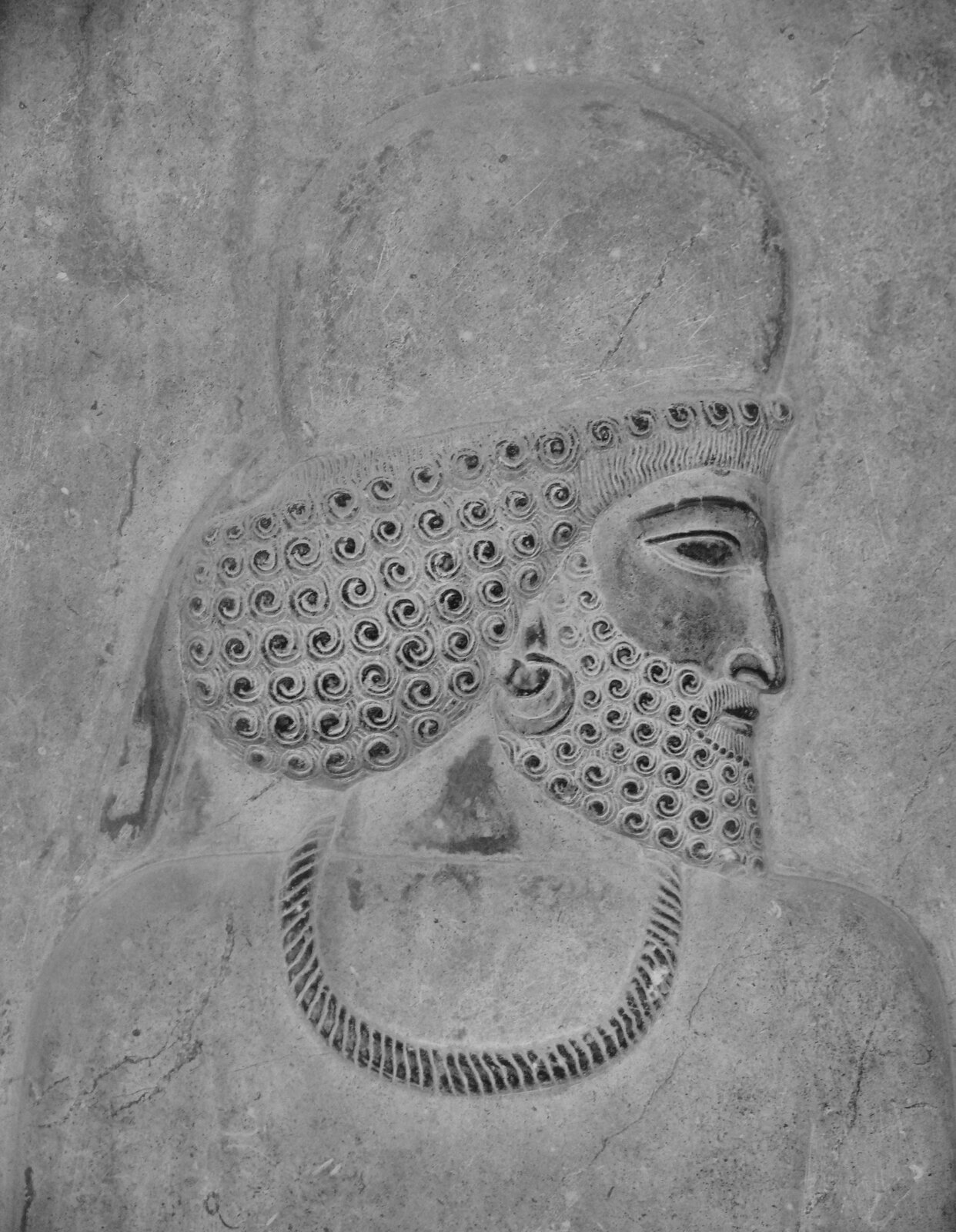 Ilustracja przedstawia kamienną płaskorzeźbę mężczyzny. Ma on kręcone włosy i spiczastą brodę, na głowie zaś półokrągły hełm. Jego nos oraz oczy są wąskie, usta małe. Na szyi ma zawieszony krótki naszyjnik, w uchu krótki kolczyk. Twarz mężczyzny skierowana jest w lewo.