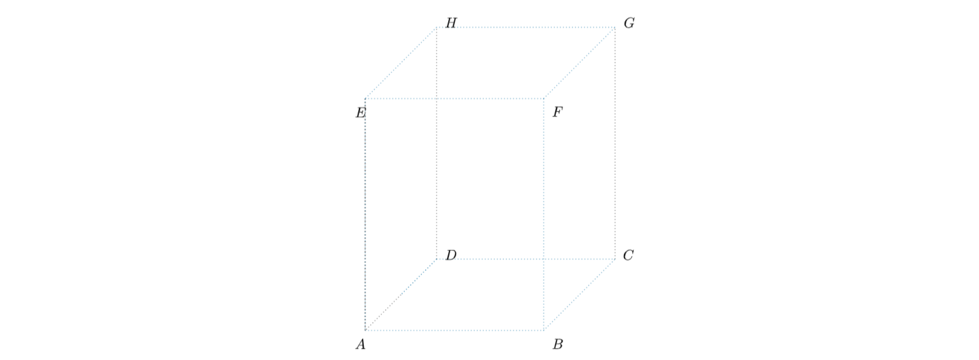 Rysunek prostopadłościanu. Wierzchołki prostopadłościanu oznaczone są wielkimi literami: podstawa dolna – A ,B, C, D, podstawa górna – E, F, G, H.