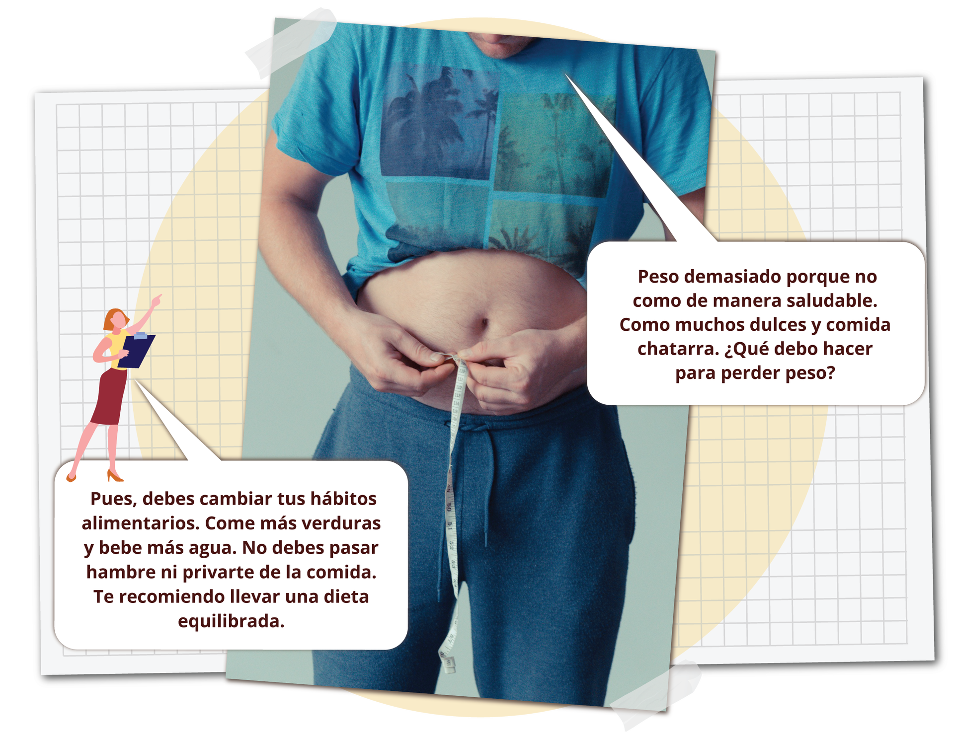 Grafika składa się z dwóch głównych części. Zdjęcia osoby, która mierzy się w pasie centymetrem i rysunku elegancko ubranej kobiety. Obie postaci prowadzą ze sobą dialog. Osoba mierząca się w pasie mówi: Peso demasiado porque no como de manera saludable. Como muchos dulces y la comida chatarra. ¿Qué debo hacer para perder peso? . Kobieta odpowiada: Pues, debes cambiar tus hábitos alimentarios. Come más verduras y bebe más agua. No debes pasar hambre ni privarte de la comida. Te recomiendo llevar una dieta equilibrada. .