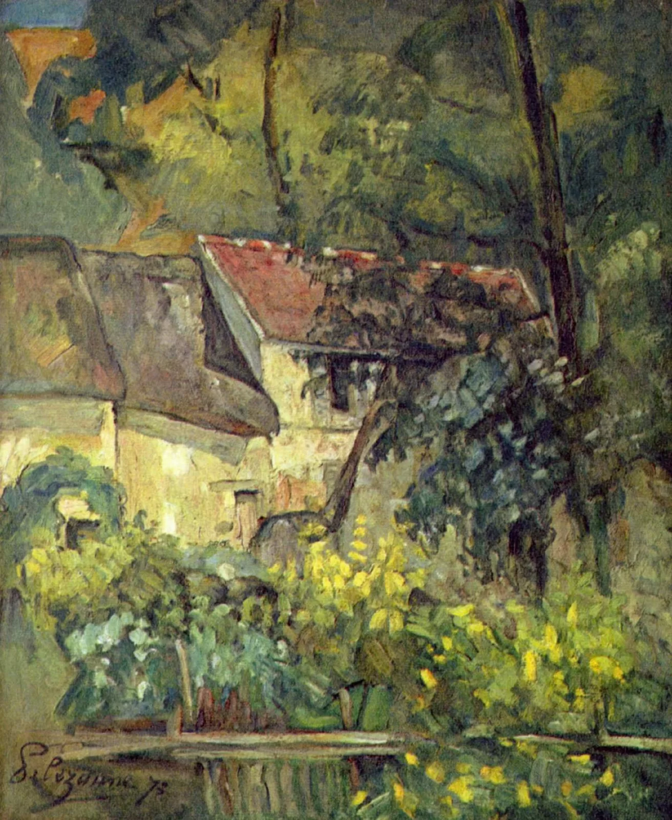 ilustracja przedstawia obraz Paula Cézanne'a „Dom Père'a Lacroixa”. Ukazuje dom, otoczony bujną roślinnością. Pokryty jest czerwonym dachem i ma żółtą elewację. Do niego dostawione są inne budynki. Na pierwszym planie znajduje się płot, za którym rosną żółte kwiaty. Po prawej stronie znajduje się duża sosna.
