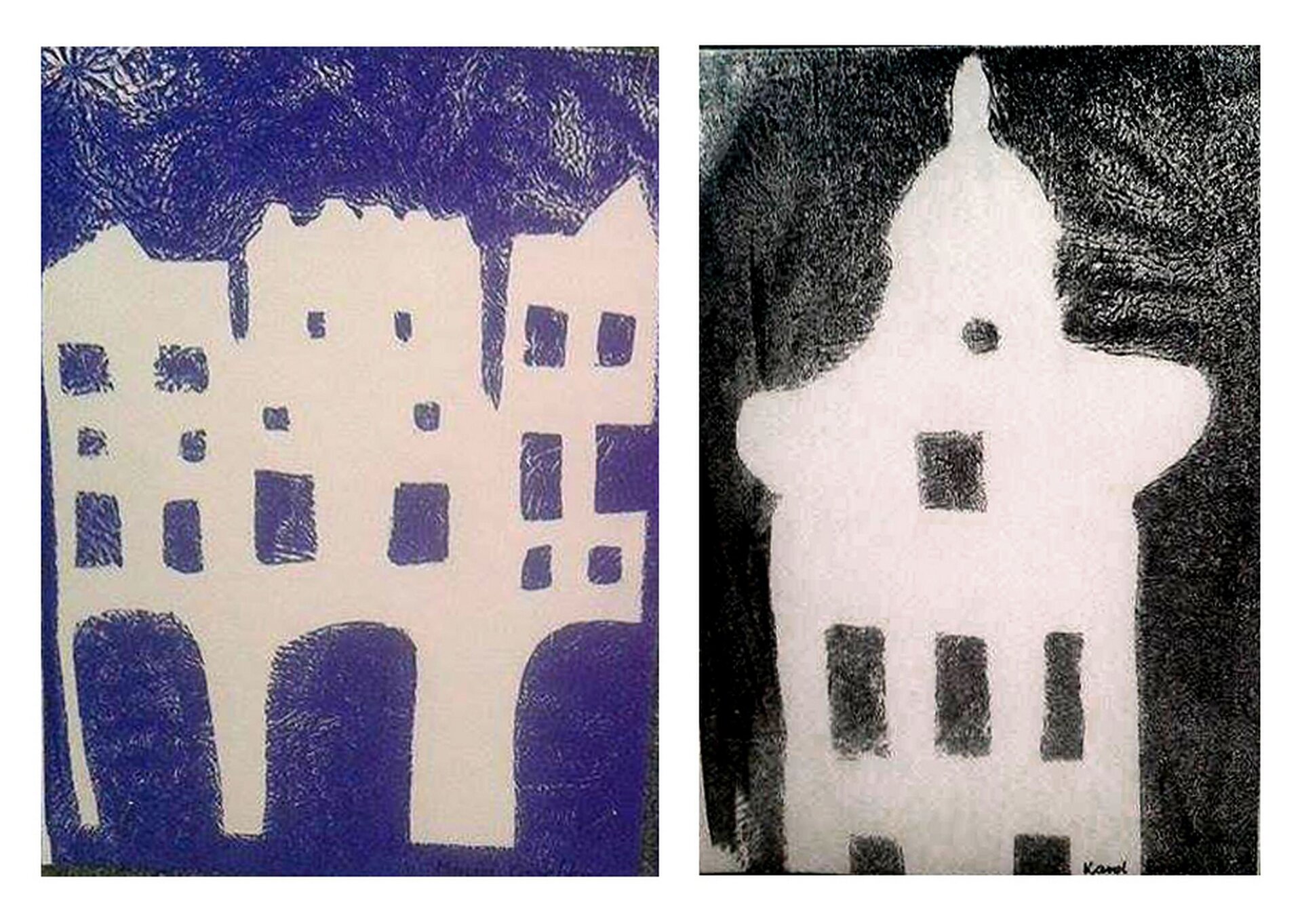 Ilustracja przedstawia dwie kalkografie: jedna jest w kolorze niebieskim, druga - w czarnym. Pierwsza przedstawia rząd budowli z arkadowym przejściem, druga - wieżę.