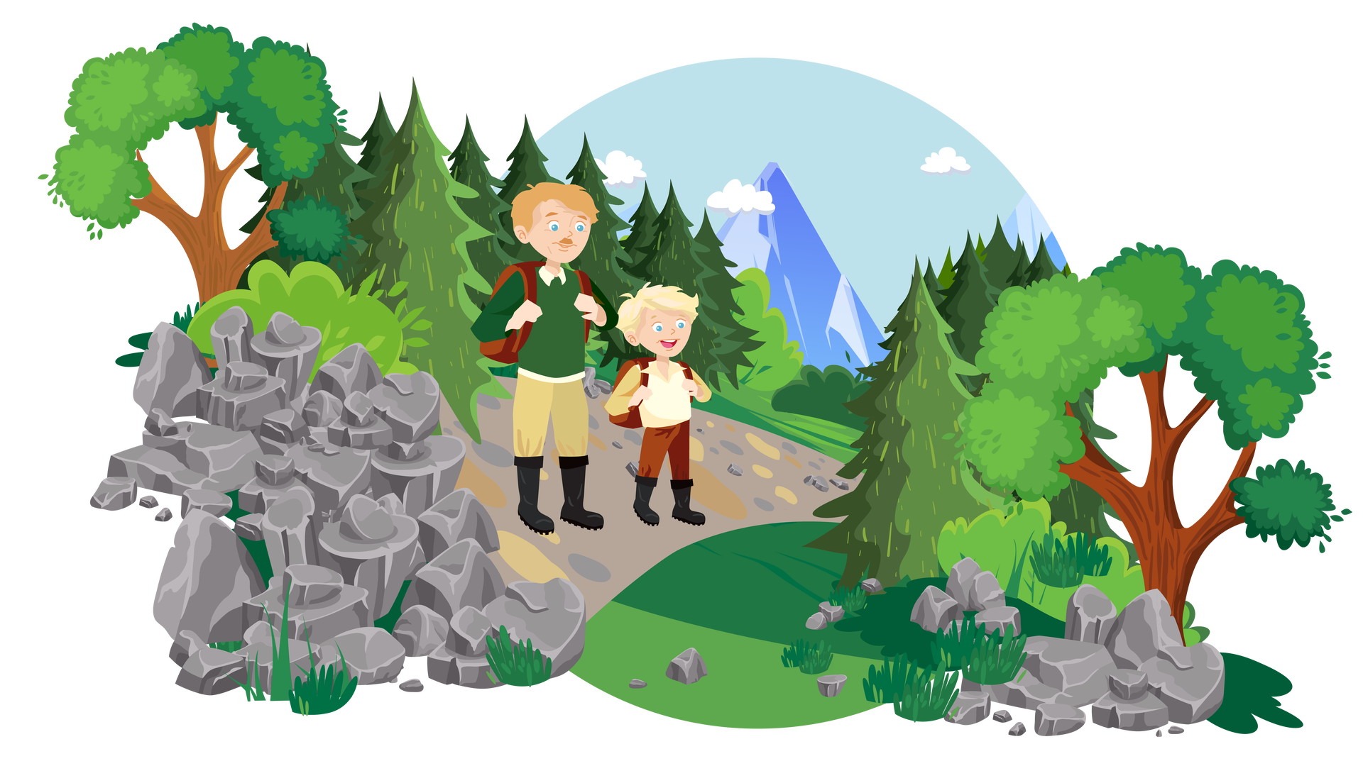 Ilustracja przedstawia górski krajobraz. W tle widać błękitne niebo z kilkoma białymi chmurami oraz wysokie góry. Na pierwszym planie znajduje się wzgórze porośnięte zielenią. Dookoła są liczne drzewa iglaste oraz liściaste. Po lewej stronie leży duża sterta kamieni. Druga, mniejsza, znajduje się po prawej stronie. Na środku jest kamienista ścieżka, na której stoją dwie osoby. Po lewej stronie stoi mężczyzna o blond włosach i z krótkimi wąsami. Jest ubrany w beżową koszulę z kołnierzykiem, ciemnozielony sweter z długimi rękawami, długie beżowe spodnie i wysokie czarne buty. Na plecach niesie brązowy plecak. Po prawej stronie stoi chłopiec o bardzo jasnych włosach. Jest ubrany w beżową koszulę z kołnierzykiem i nieco ciemniejszymi długimi rękawami, długie brązowe spodnie i wysokie czarne buty. Również niesie na plecach brązowy plecak. Zarówno mężczyzna, jak i chłopiec patrzą w dół zbocza. Oboje się uśmiechają.