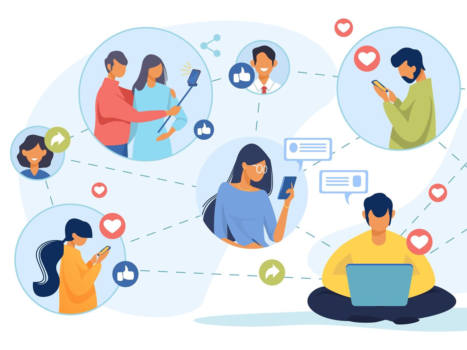 Grafika przedstawia różne połączenia w ramach mediów społecznościowych. Widoczne jest sześć niebieskich kół, różnej wielkości, które są połączone ze sobą przerywanymi liniami. Na liniach i wokół nich widoczne są emotikony z sercem, kciukiem w górę lub strzałką w prawo. W pięć kół wpisana jest jedna postać, natomiast w szóste dwie postacie. W prawym dolnym rogu widoczna jest dodatkowo jeszcze jedna postać. W kole pośrodku znajduje się dziewczyna spoglądająca na tablet, z którego wychodzi dymek ze schematycznie pokazaną wiadomością tekstową. Na lewo, na godzinie 8 – dziewczyna trzymająca w rękach telefon, nad którym są dwa emotikony z sercem; na godz. 9 – głowa uśmiechniętej kobiety z emotikonem ze strzałką w prawo; na godz. 11 – przytulająca się kobieta i mężczyzna, który trzyma telefon na kijku do selfie; na godz. 12 – głowa uśmiechniętego mężczyzny z emotikonem z kciukiem w górę; na godz. 2 – mężczyzna trzymający w rękach telefon, nad którym są dwa emotikony z sercem; na godz. 5 – mężczyzna siedzący po turecku i trzymający na kolankach otwarty laptop, nad którym są dwa emotikony z sercem.