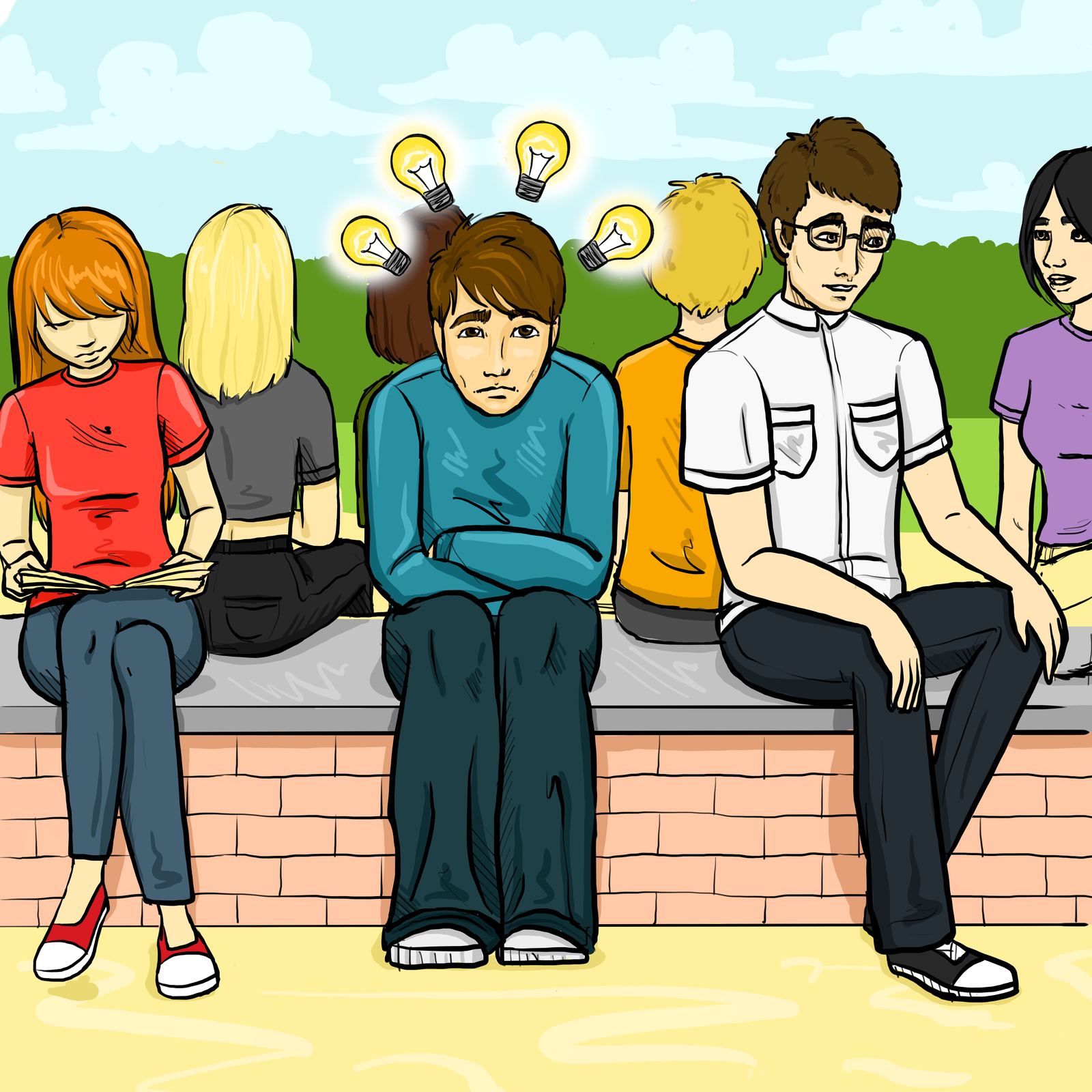 Ilustracja przedstawia młodzież siedzącą na murku. Chłopiec siedzący na środku jest przygnębiony a nad jego głową unoszą się zaświecone żarówki.