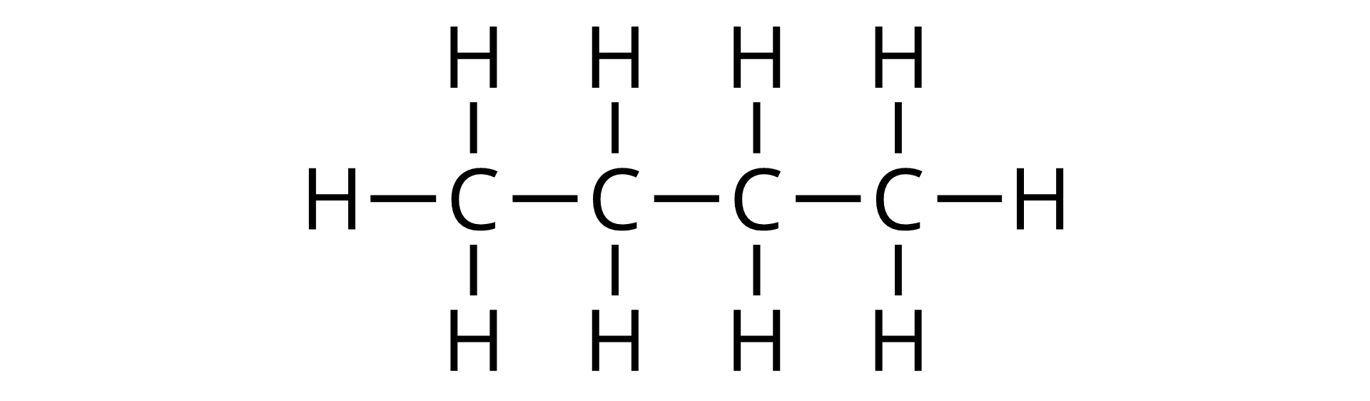 Na ilustracji jest wzór strukturalny butanu: cztery atomy węgla łączą się ze sobą wiązaniem pojedynczym. Zewnętrzne atomy węgla łączą się z trzema atomami wodoru. Środkowe atomy węgla łączą się z dwoma atomami wodoru.  