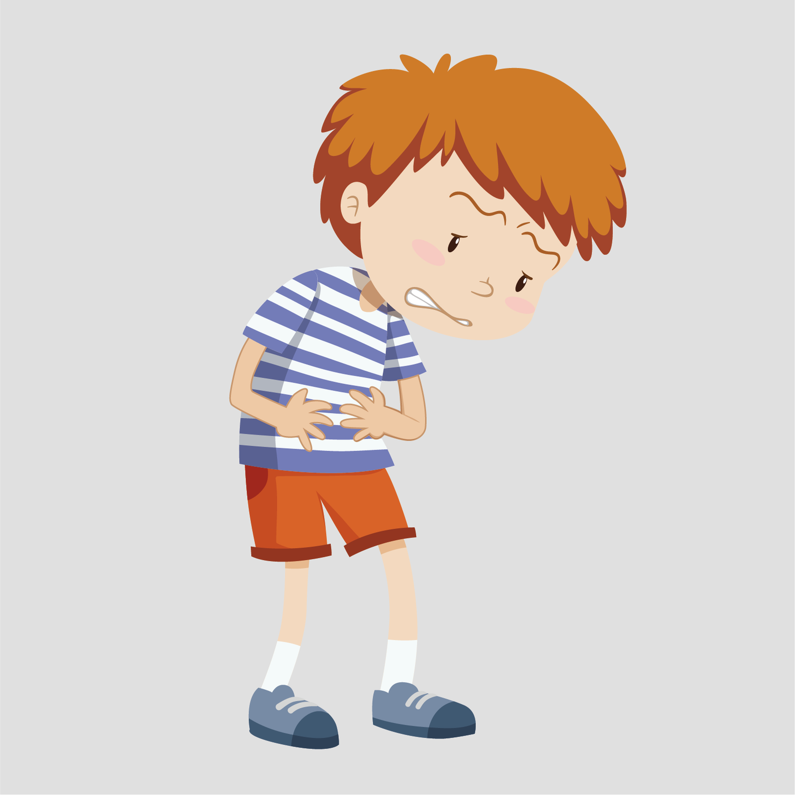 Grafika przedstawia chłopca o brązowych włosach, w koszulce w białe i niebieskie paski i w krótkich spodenkach, który trzyma się za brzuch i ma smutną minę. 