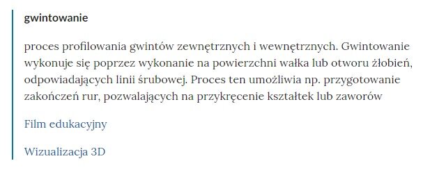 Przykładowy widok pojęcia w słowniku, poniżej którego znajdują się odnośniki do materiałów.