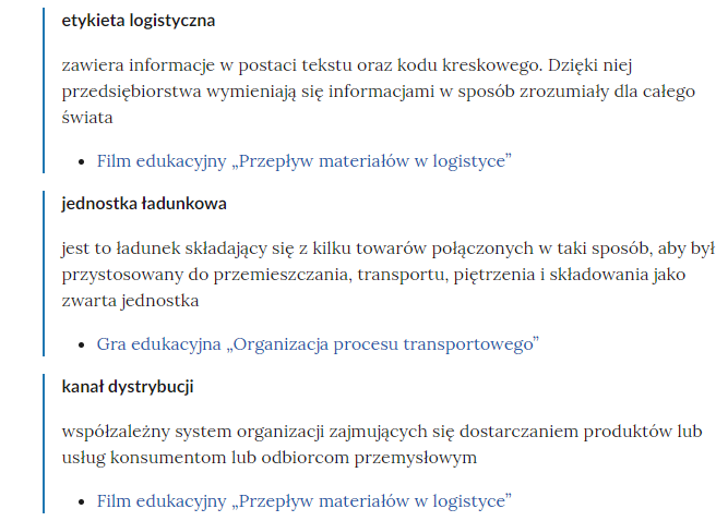 Zrzut ekranu przedstawia kilka pojęć ze Słownika. Konstrukcja jest następująca: pojęcie, poniżej jego wyjaśnienie, a pod nim znajduje się link, po którego kliknięciu użytkownik przenosi się do rozdziału w tym materiale, w którym dane pojęcie jest wykorzystywane. Linków może być jeden lub kilka, w zależności od tego, w ilu rozdziałach użyto pojęcia.