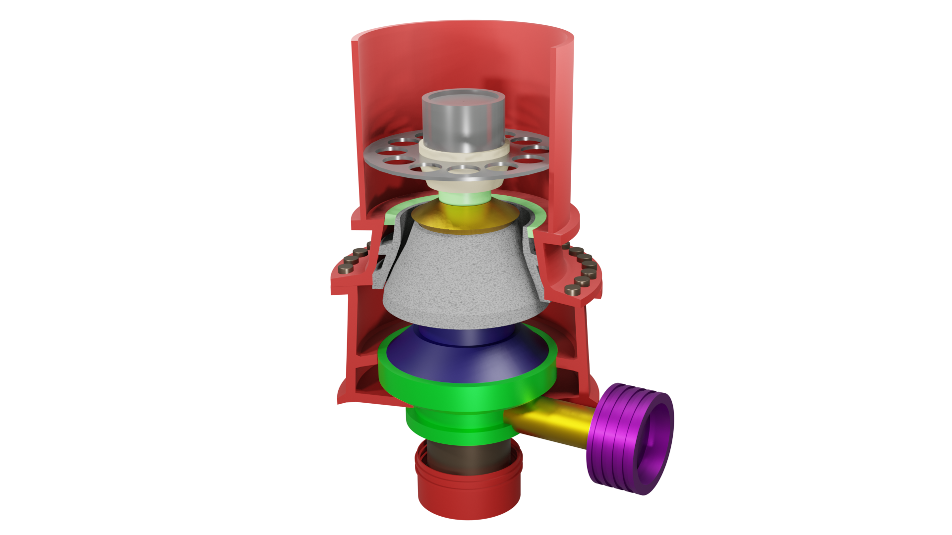 Ilustracja przedstawia przekrój przykładowej kruszarki stożkowej. Obudowa urządzenia kształtem przypomina walec osadzony na wale. W lewej dolnej części odchodzi od niego wylot urządzenia. Natomiast z prawej połączony jest z drugim wałem. zorientowanym w płaszczyźnie poziomej. We wnętrzu znajduje się stożek kruszący poruszający się wokół osi wału oraz do góry i do dołu. Rozdrabniając materiał o płaszcz kruszący. Płaszcz znajduje się po wewnętrznej strony obudowy. Nadawa kierowana jest od górnej części wlotowej. Oddziela ją od komory kruszącej pierścień ze szczelinami. Po rozdrobnieniu, w wyniku ruchu góra‑dół stożka kruszącego, materiał kierowany jest do wylotu w dolnej części.