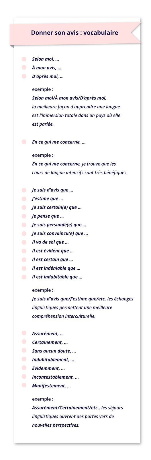Grafika zatytułowana Donner son avis: vocabulaire zawiera informacje tekstowe.Selon moi,...  À mon avis, ...  D'après moi, ... exemple: Selon moi/À mon avis/D'après moi, la meilleure façon d'apprendre une langue est l'immersion totale dans un pays où elle est parlée.  En ce qui me concerne, ... exemple : En ce qui me concerne, je trouve que les cours de langue intensifs sont très bénéfiques.  Je suis d'avis que ...  J'estime que...  Je suis certain(e) que...  Je pense que ...  Je suis persuadé(e) que ...  Je suis convaincu(e) que...  Il va de soi que ...  Il est évident que...  Il est certain que...  Il est indéniable que ...  Il est indubitable que... exemple : Je suis d'avis que/J'estime que/etc. les échanges linguistiques permettent une meilleure compréhension interculturelle.  Assurément,...  Certainement,...  Sans aucun doute, ...  Indubitablement, ...  Évidemment,...  Incontestablement, ... Manifestement, ... exemple : Assurément/Certainement/etc., les séjours linguistiques ouvrent des portes vers de nouvelles perspectives.