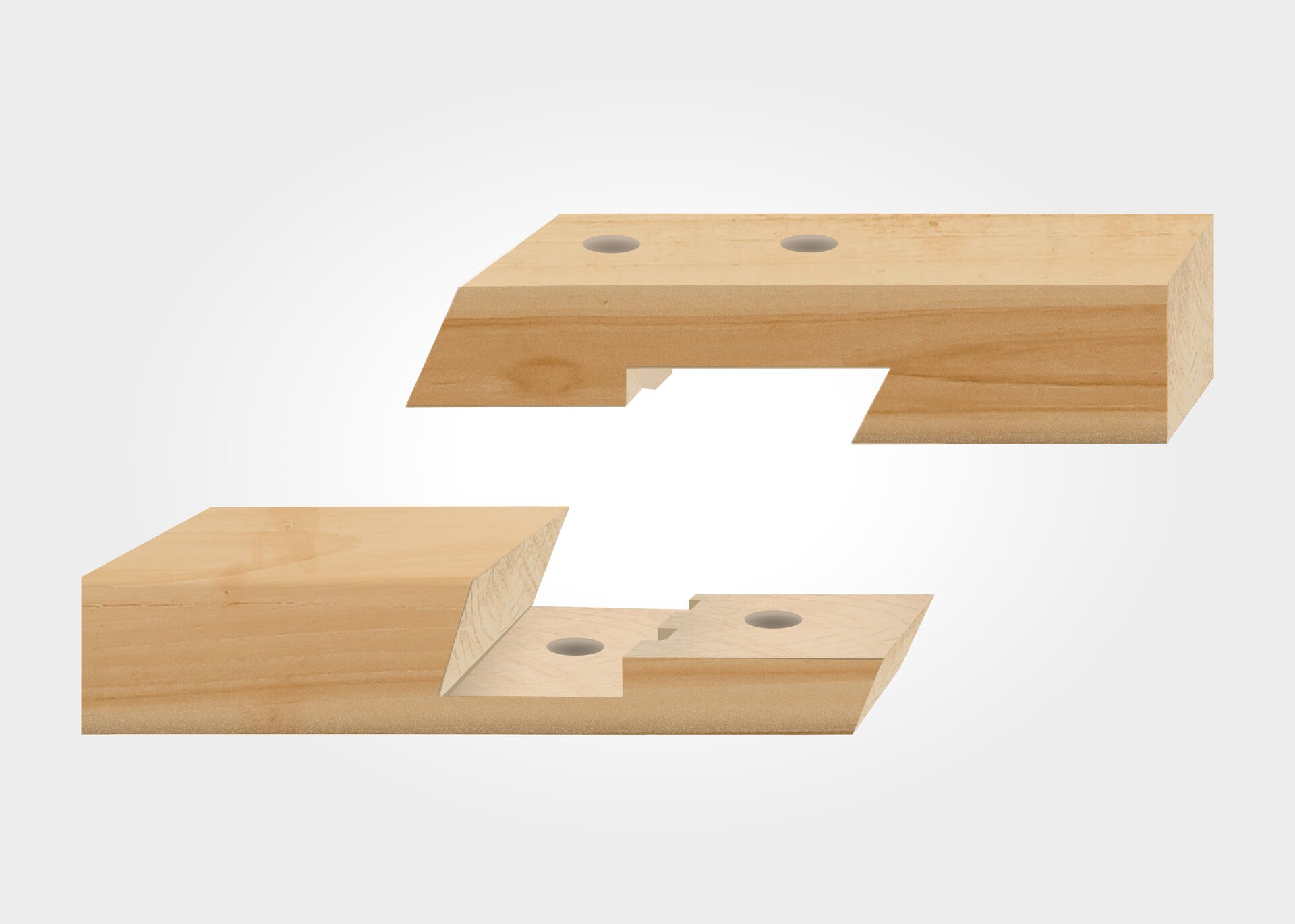 Grafika ukazuje złącze wrębowe na zamek zasuwany. Powierzchnia łączenia przebiega w dwóch prostych płaszczyznach, a czoło wycięte jest pod kątem względem tej płaszczyzny. Dodatkowo łączenie jest wzmocnione dwoma czopami dopasowanymi do gniazd w drugim elemencie. W miejscach łączenia znajdują się dwa otwory na śruby.