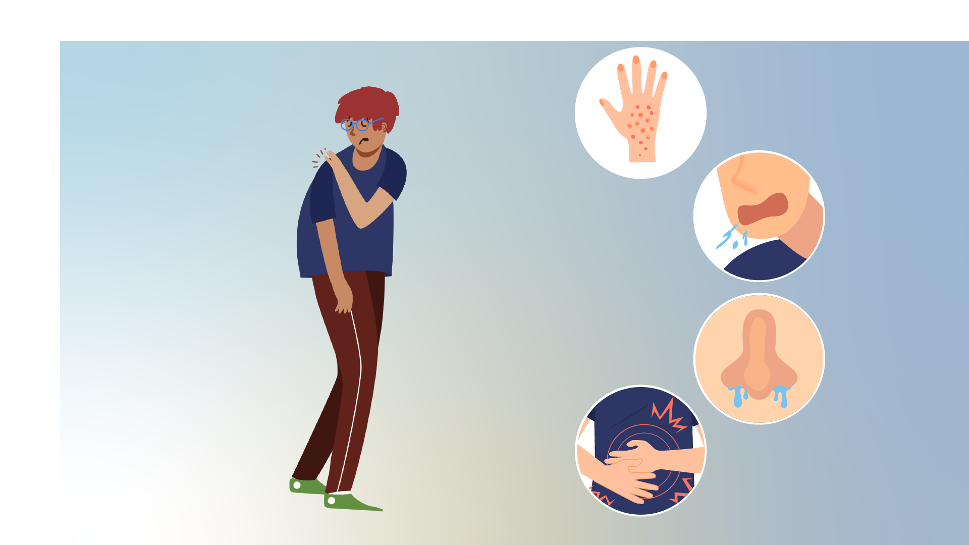 Ilustracja przedstawia skrzywionego chłopca, który trzyma się za bolące ramię. Obok umieszczone są ikonki dłoni z wysypką, kaszlącej postaci, zakatarzonego nosa oraz bolącego brzucha.