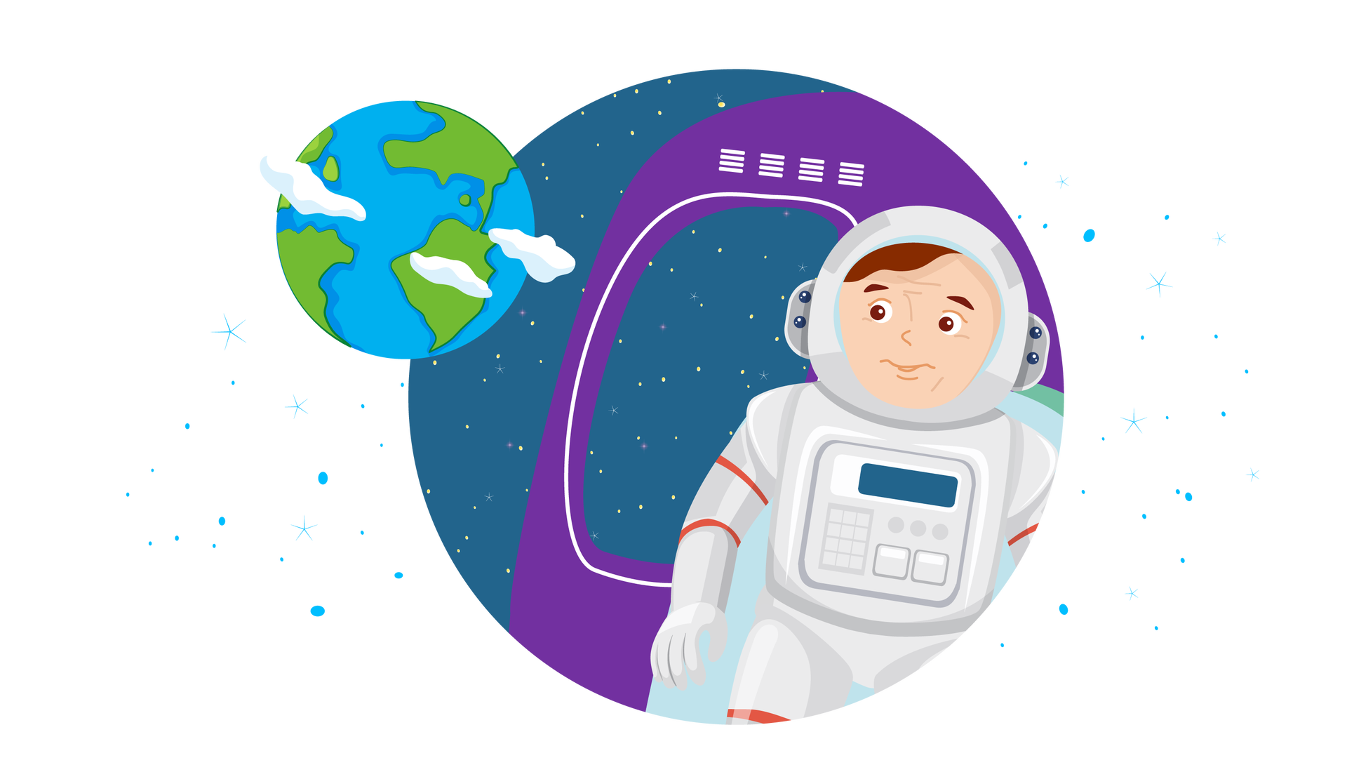 Ilustracja przedstawia astronautę w kosmosie. Jest to mężczyzna w specjalnym białym stroju, z przeszklonym hełmem na głowie. Siedzi on w fioletowej rakiecie. W tle widać rozgwieżdżoną granatową przestrzeń, a po lewej stronie, w oddali, kulę ziemską otoczoną trzema białymi chmurami.