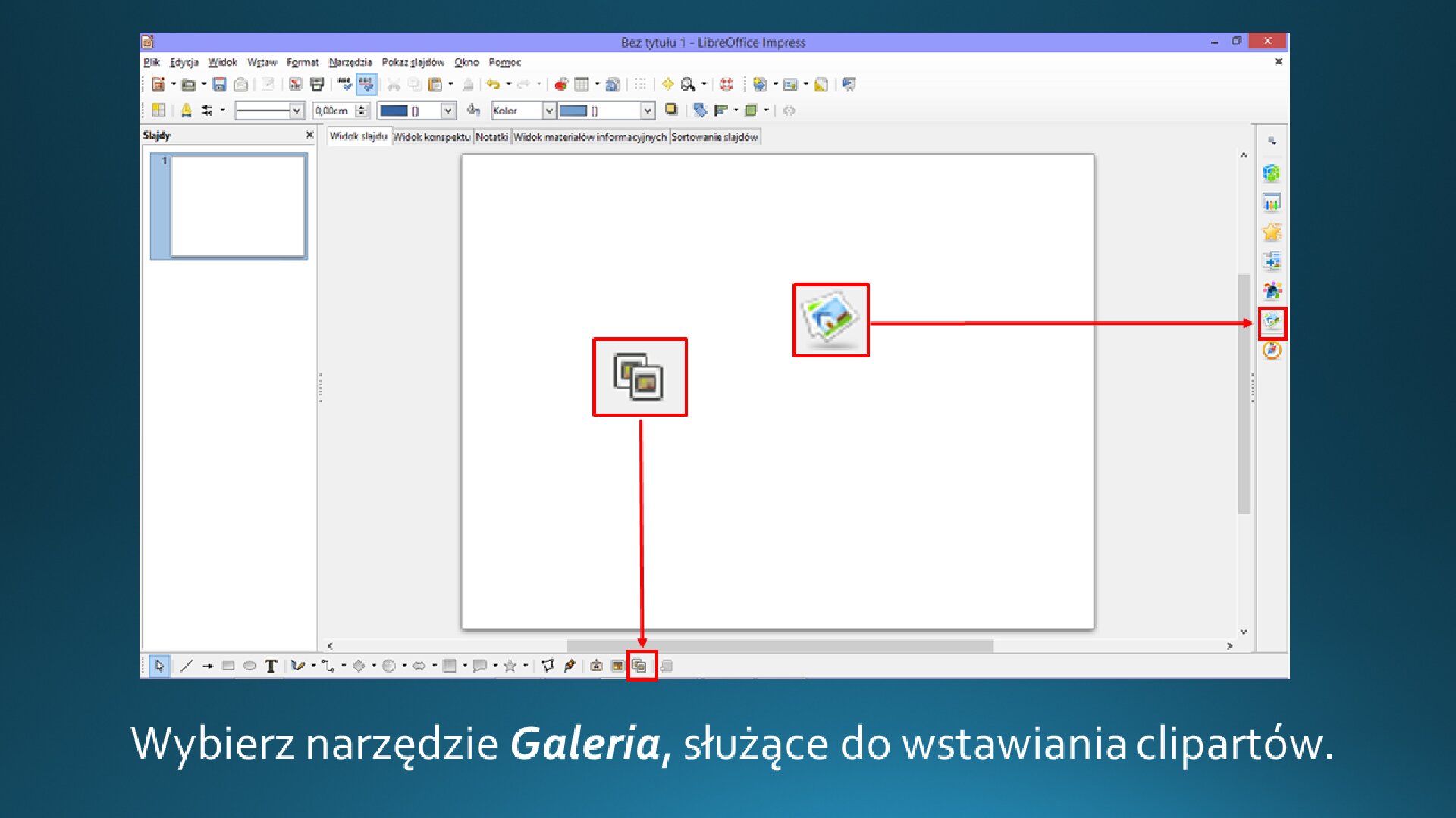 Slajd 1 galerii zrzutów slajdów: Wstawianie clipartu na slajd o pustym układzie w programie LibreOffice Impress