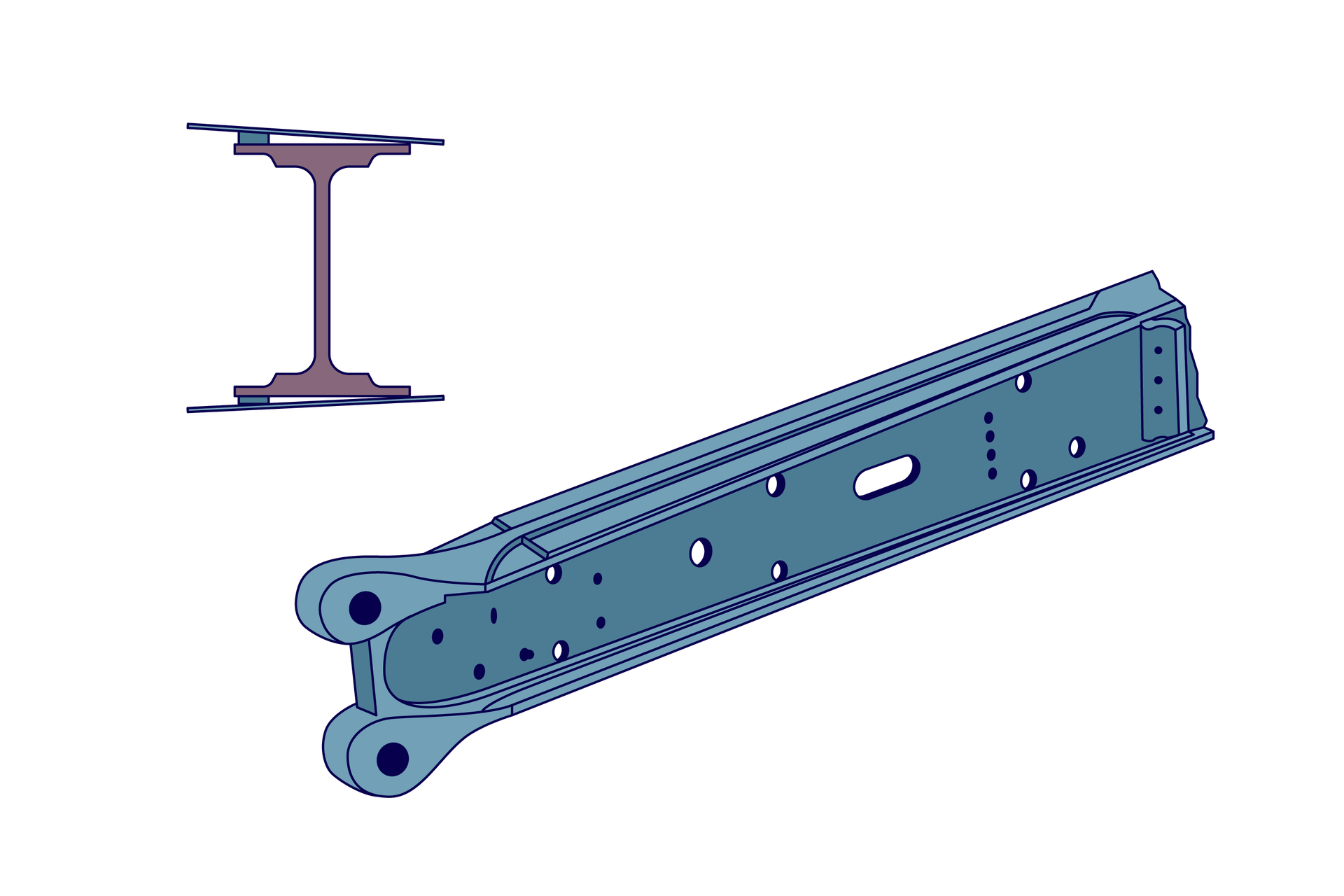 Ilustracja przedstawia dźwigar. W lewym górnym rogu znajduje się przekrój poprzeczny dźwigara, ma on kształt dwuteownika o podstawach wzmocnionych w pobliżu jego środnika. Zarówno do górnej i do dolnej półki dwuteownika pod niewielkim kątem przymocowane zostały blachy. Obok znajduje się widok na dźwigar z boku, który zakończony jest dwoma okrągłymi dziurami na zaokrąglonych kątach. W belce widać również kilka innych otworów różnych rozmiarów. 
