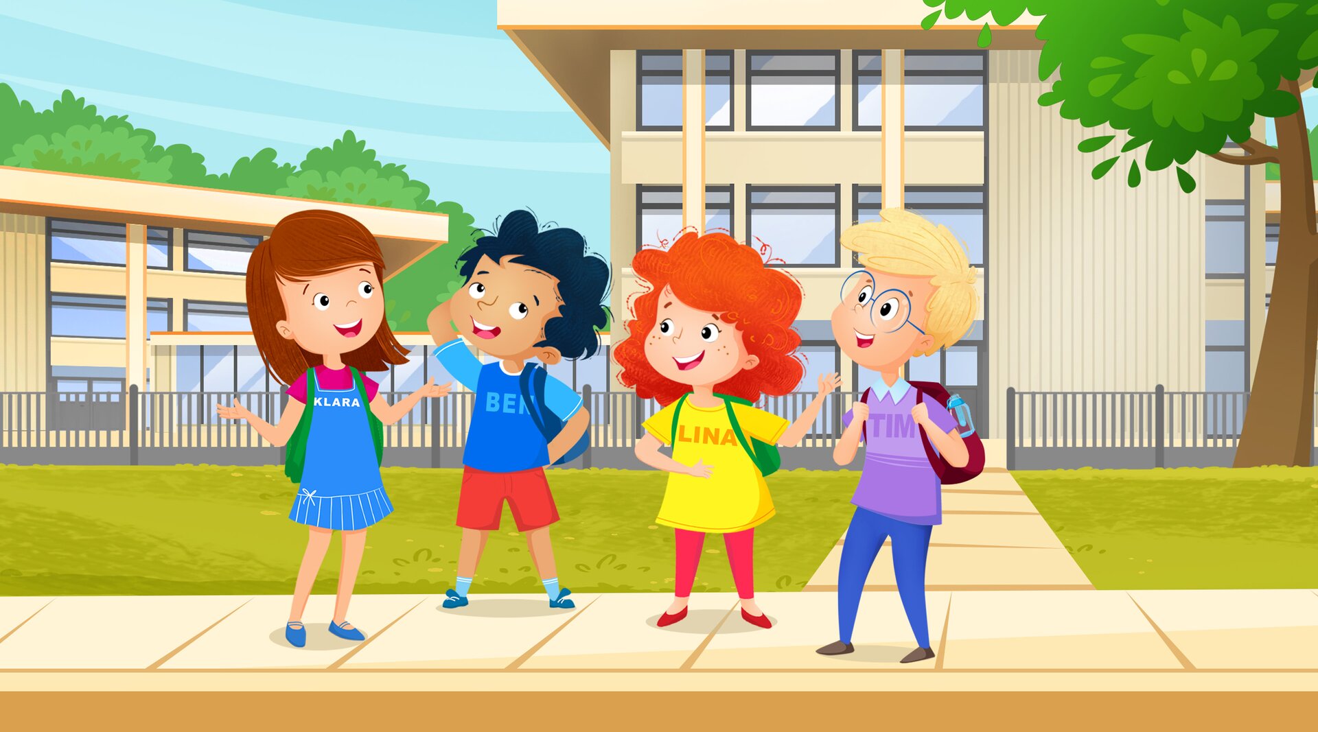 Ilustracja przedstawia dwie dziewczynki i dwóch chłopców z tornistrami na plecach. Dzieci rozmawiają przed budynkiem na chodniku.