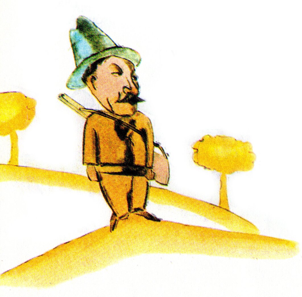 Na ilustracji znajduje się mężczyzna w zielonym kapeluszu i ze strzelbą przewieszoną przez ramię. Ubrany jest w żółty strój. Ma wąs. Stoi na wzgórzu. Za nim są drzewa. Tło jest białe.