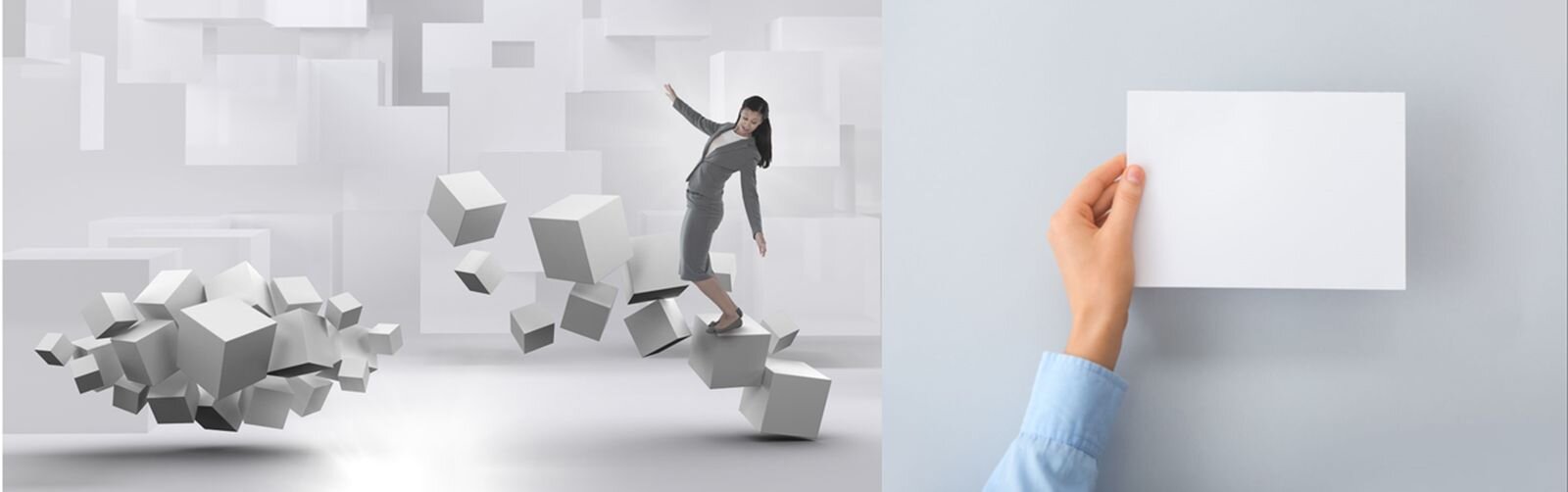 Ilustracja przedstawia trzy sytuacje: 1. rozsypane w przestrzeni bryły sześcianów, 2. abstrakcyjną sytuację, w której postać kobiety jest umiejscowiona na rozsypującym się stosie sześcianów i wygląda, jakby próbowała utrzymać równowagę, by nie upaść, 3. dłoń trzymająca biały arkusz papieru na tle ściany.

