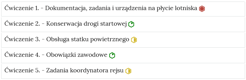 Grafika przedstawia wygląd zakładek z ćwiczeniami. Zakładki są poziomymi paskami. Każda posiada numer ćwiczenia i tytuł, który wskazuje, czego dotyczą zamieszczone w zakładce ćwiczenia. Przykład tekstu na pasku zakładki. Ćwiczenie pierwsze Dokumentacja, zadania i urządzenia na płycie lotniska