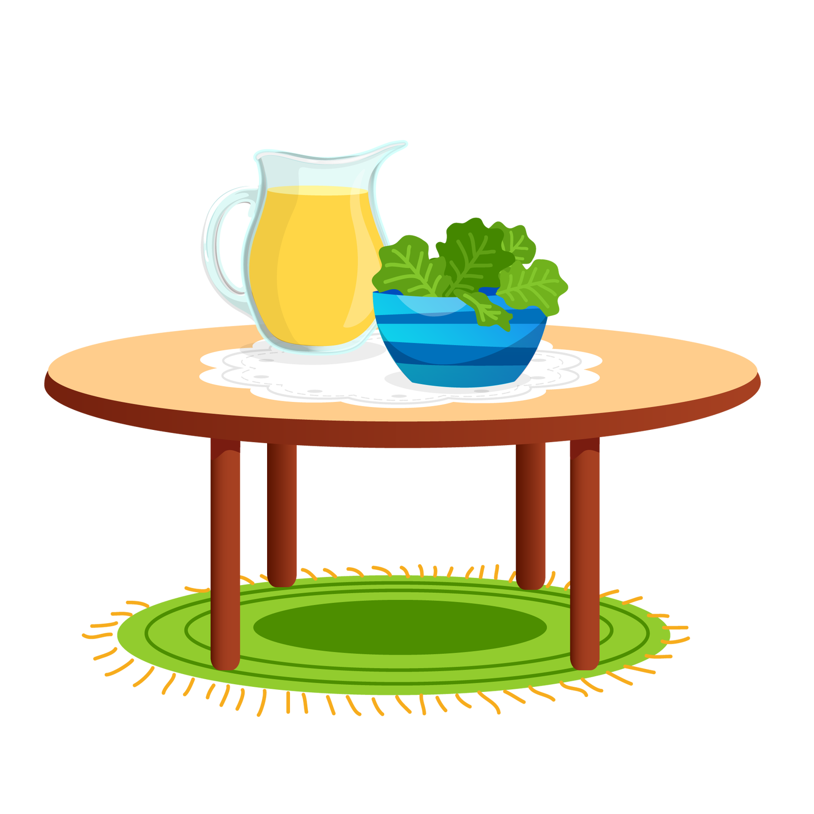 Ilustracja przedstawia okrągły jasnobrązowy stół ustawiony na okrągłym zielonym dywanie z pomarańczowymi frędzlami. Na środku stołu leży okrągła biała serweta. Stoi na niej dzbanek soku pomarańczowego i miska w niebiesko‑granatowe paski. W misce znajdują się liście sałaty.