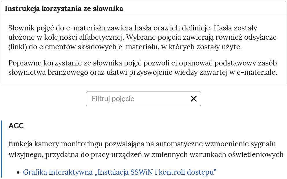 Grafika przedstawia przykładowy widok otwartej zakładki instrukcji korzystania ze słownika. Pod nazwą zakładki znajduje się prostokątny panel filtruj pojęcie i znak iks. Niżej widoczne jest hasło wraz z definicją.