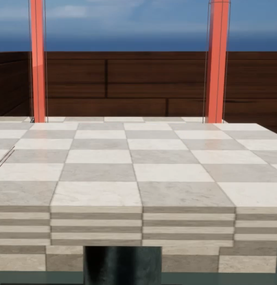 Ilustracja przedstawia klatkę z gry. Widoczna płaska powierzchnia przypominająca podłogę zbudowaną z identycznej wielkości kwadratowych płytek. Płytki są ustawione kolorami jak szachownica - niemal białe i jasnobrązowe. Mają na powierzchni delikatne mazy.