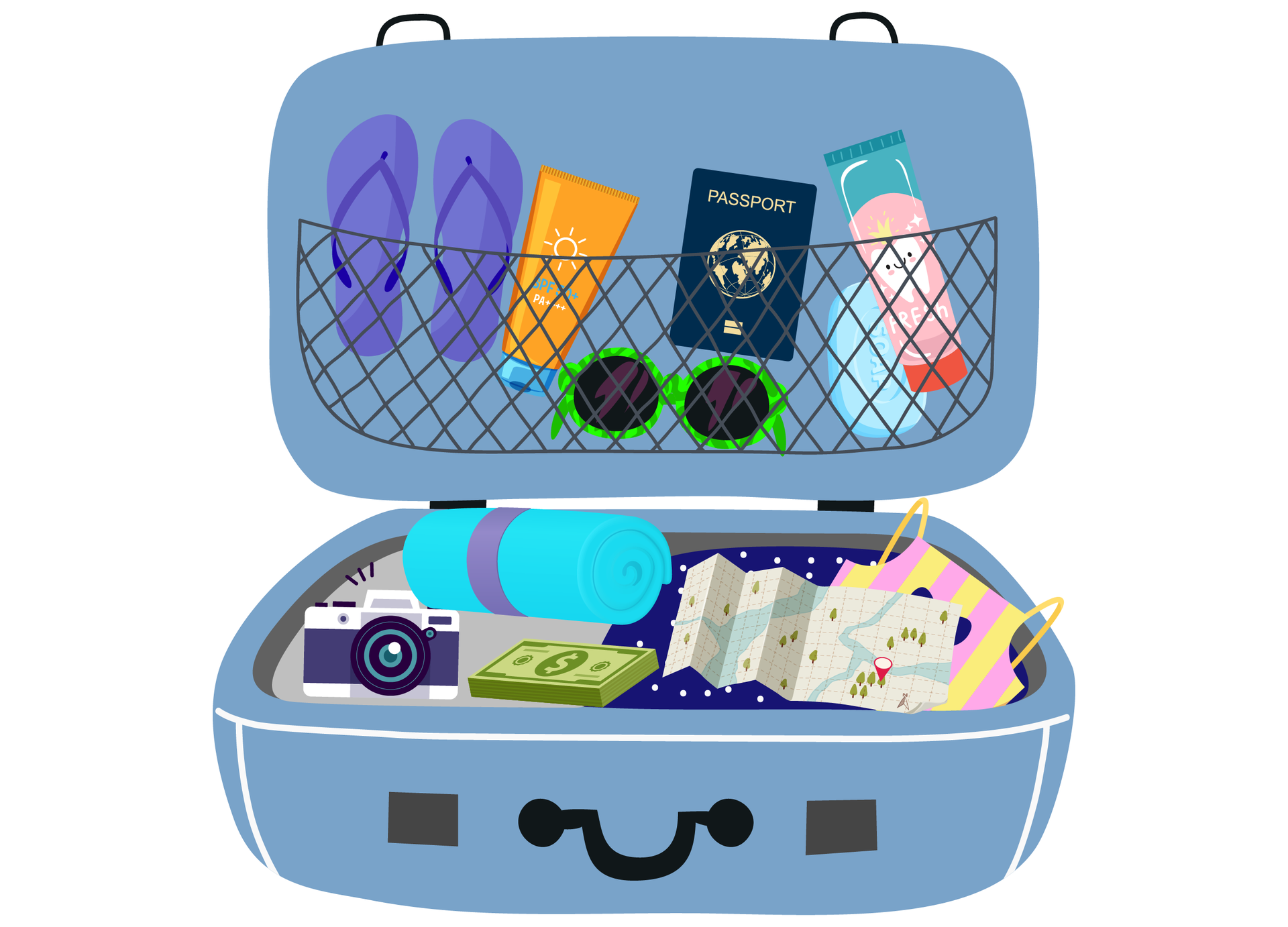 Ilustracja przedstawia spakowaną walizkę na wyjazd wakacyjny, w której znajdują się: klapki, okulary, paszport, krem ochronny, aparat fotograficzny, ubrania, mapa oraz plik banknotów. 