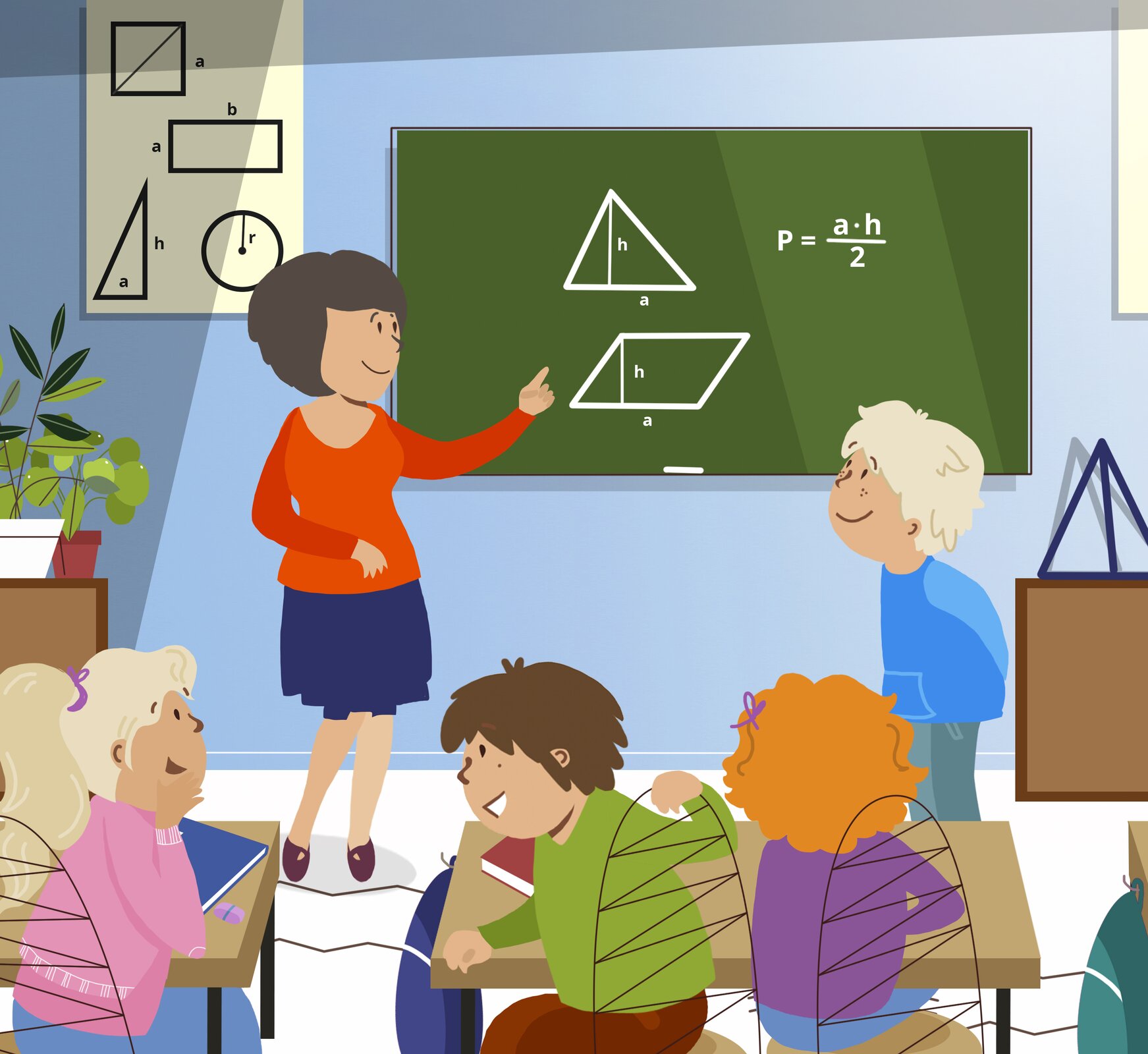 Ilustracja przedstawia salę lekcyjną. Uczniowie siedzą w swoich ławkach, a przy tablicy stoi nauczycielka wraz z chłopcem. Nauczycielka z zaangażowaniem wskazuje na rysunki wielokątów oraz znajdujący się obok wzór, chłopiec uważnie słucha.